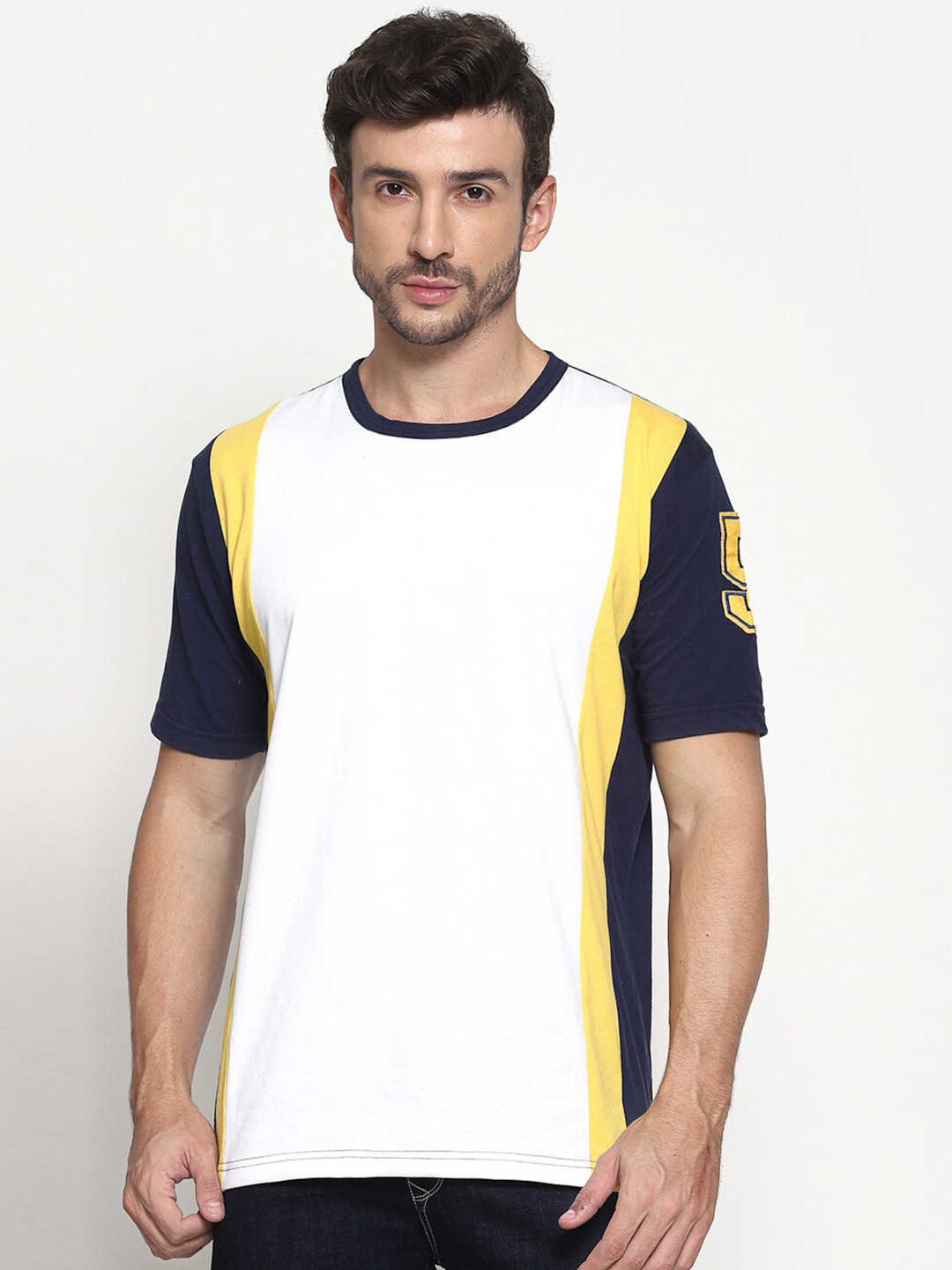 

PAUSE SPORT Men Navy Blue & White Round Neck Regular Fit Cotton T-shirt