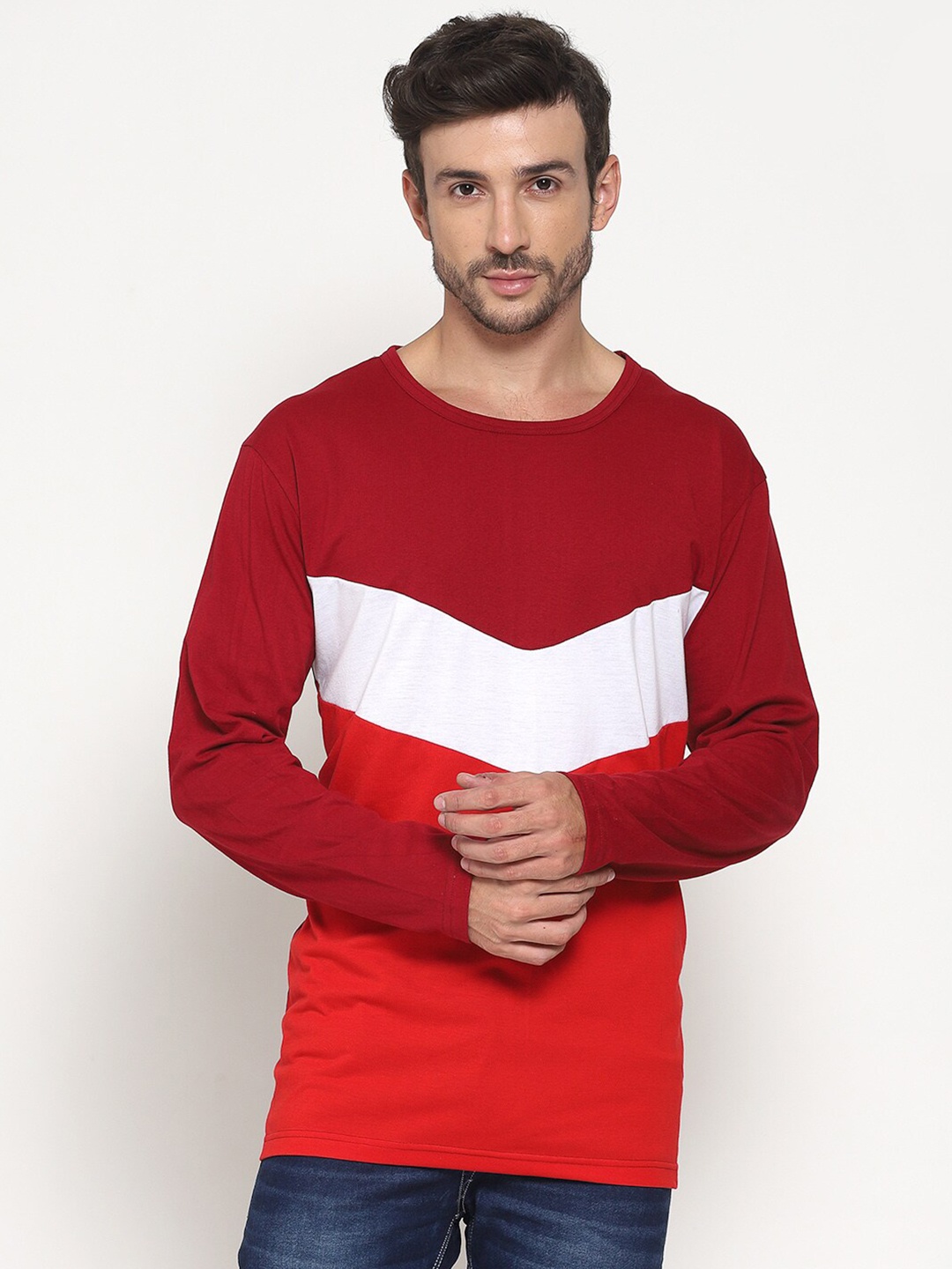 

PAUSE SPORT Men Red & White Round Neck Regular Fit Cotton T-shirt