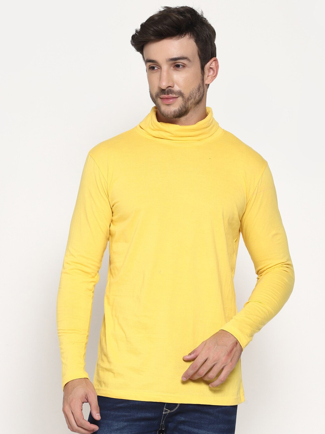 

PAUSE SPORT Men Yellow Turtle Neck Cotton T-shirt