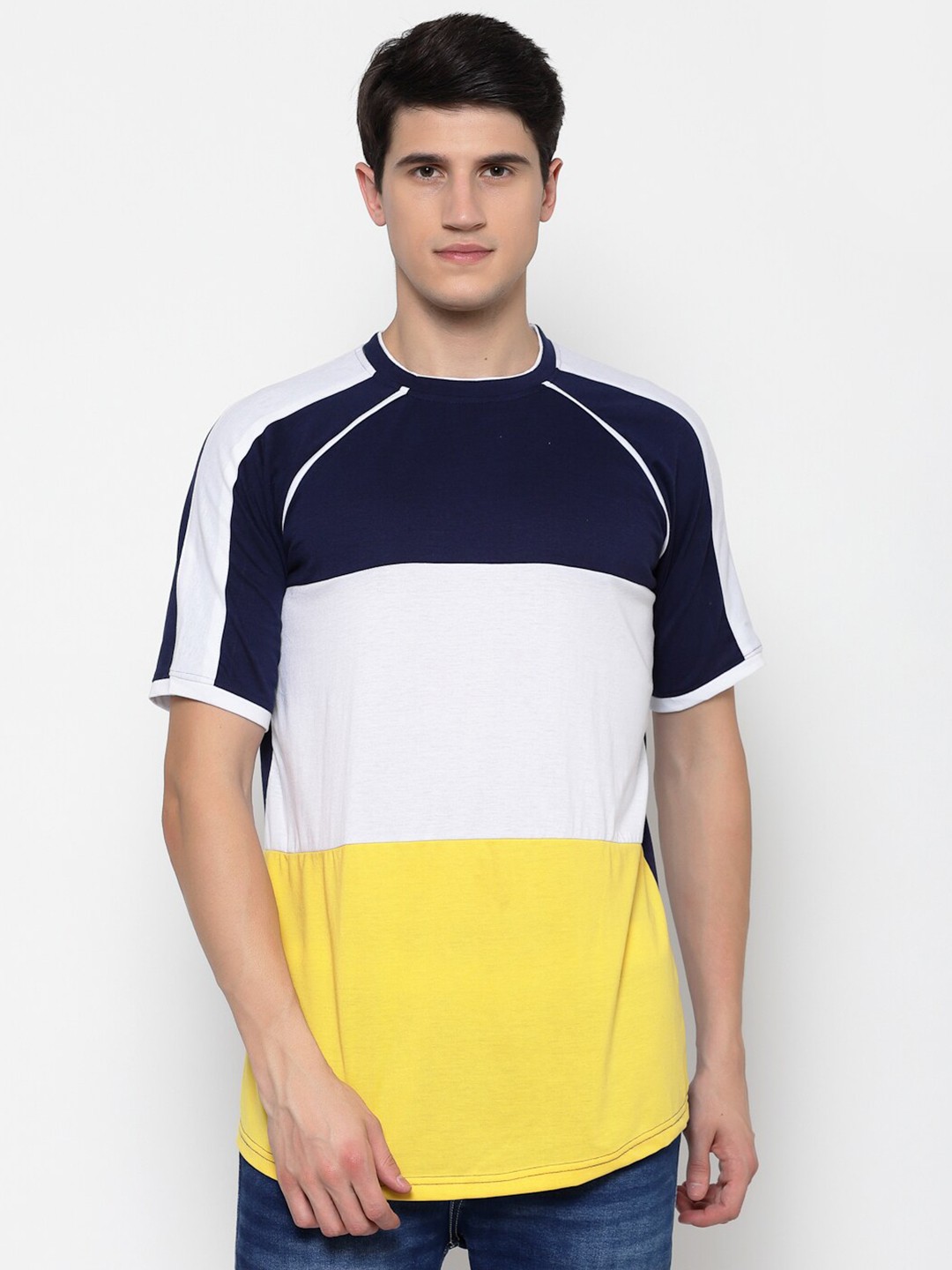 

PAUSE SPORT Men Navy Blue & White Colourblocked Cotton T-shirt