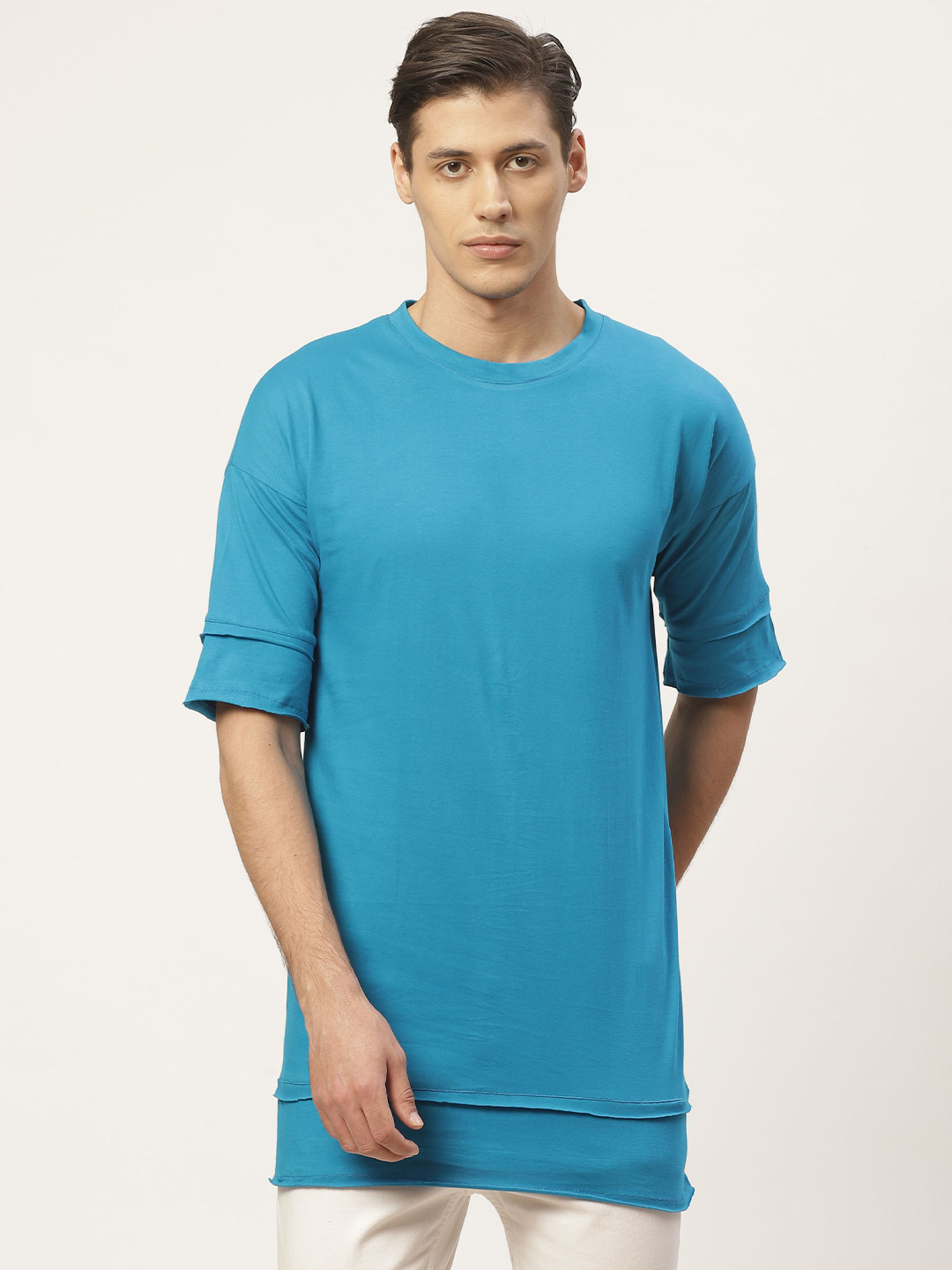 

PAUSE SPORT Men Blue Drop-Shoulder Sleeves Raw Edge Cotton T-shirt