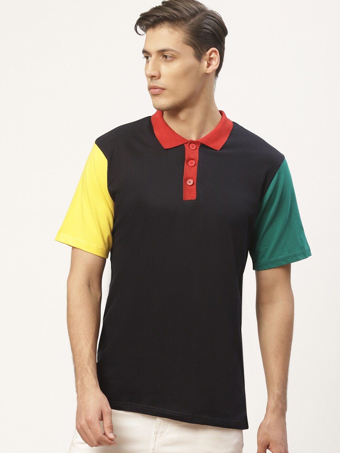 

PAUSE SPORT Men Black & Yellow Polo Collar Cotton T-shirt