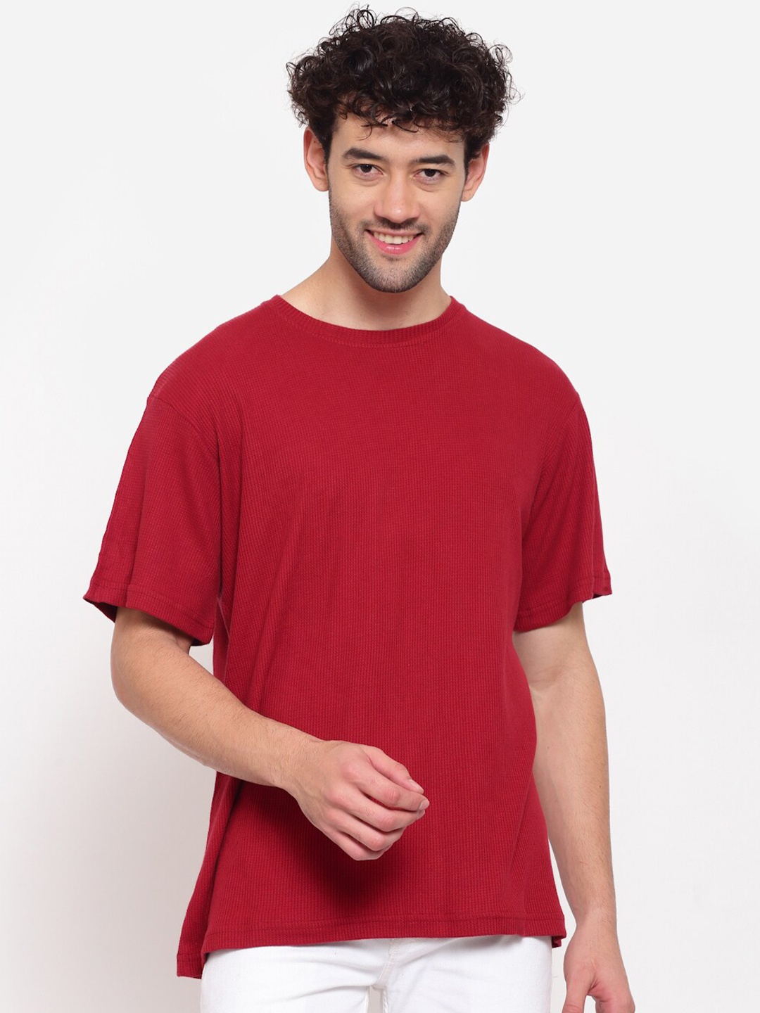 

PAUSE SPORT Men Red Drop-Shoulder Sleeves Cotton T-shirt