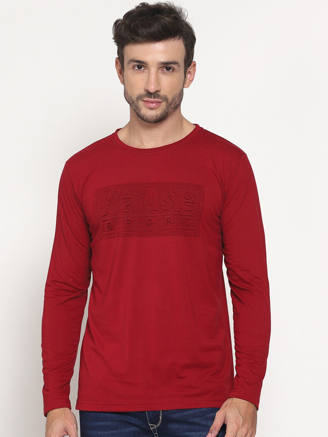 

PAUSE SPORT Men Maroon Brand Logo Printed Cotton T-shirt