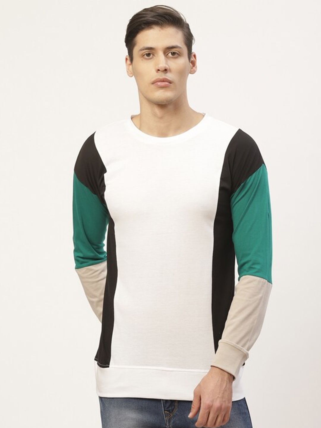 

PAUSE SPORT Men White & Black Colourblocked Drop-Shoulder Sleeves Cotton T-shirt