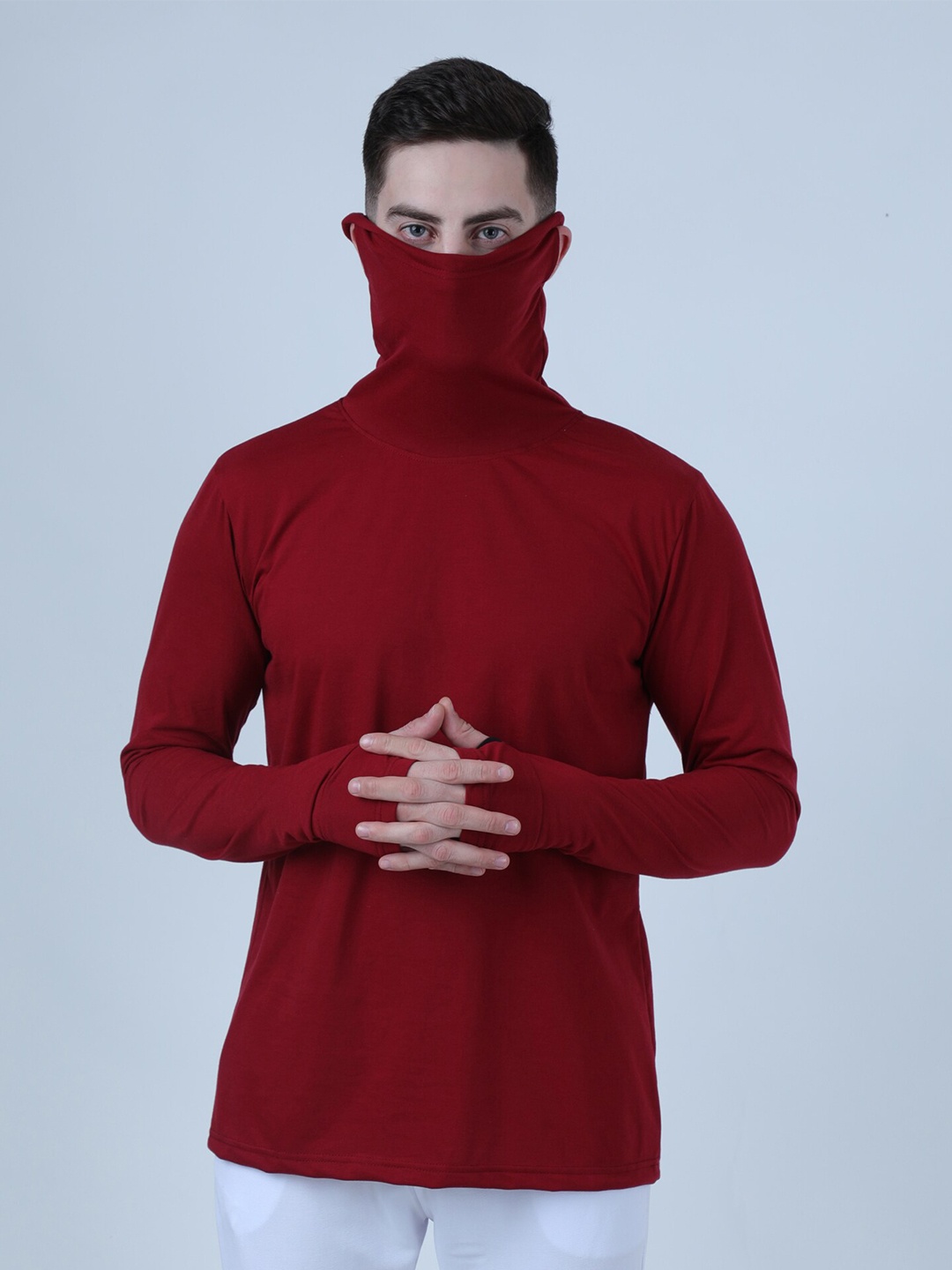 

PAUSE SPORT Men Maroon Turtle Neck Cotton T-shirt