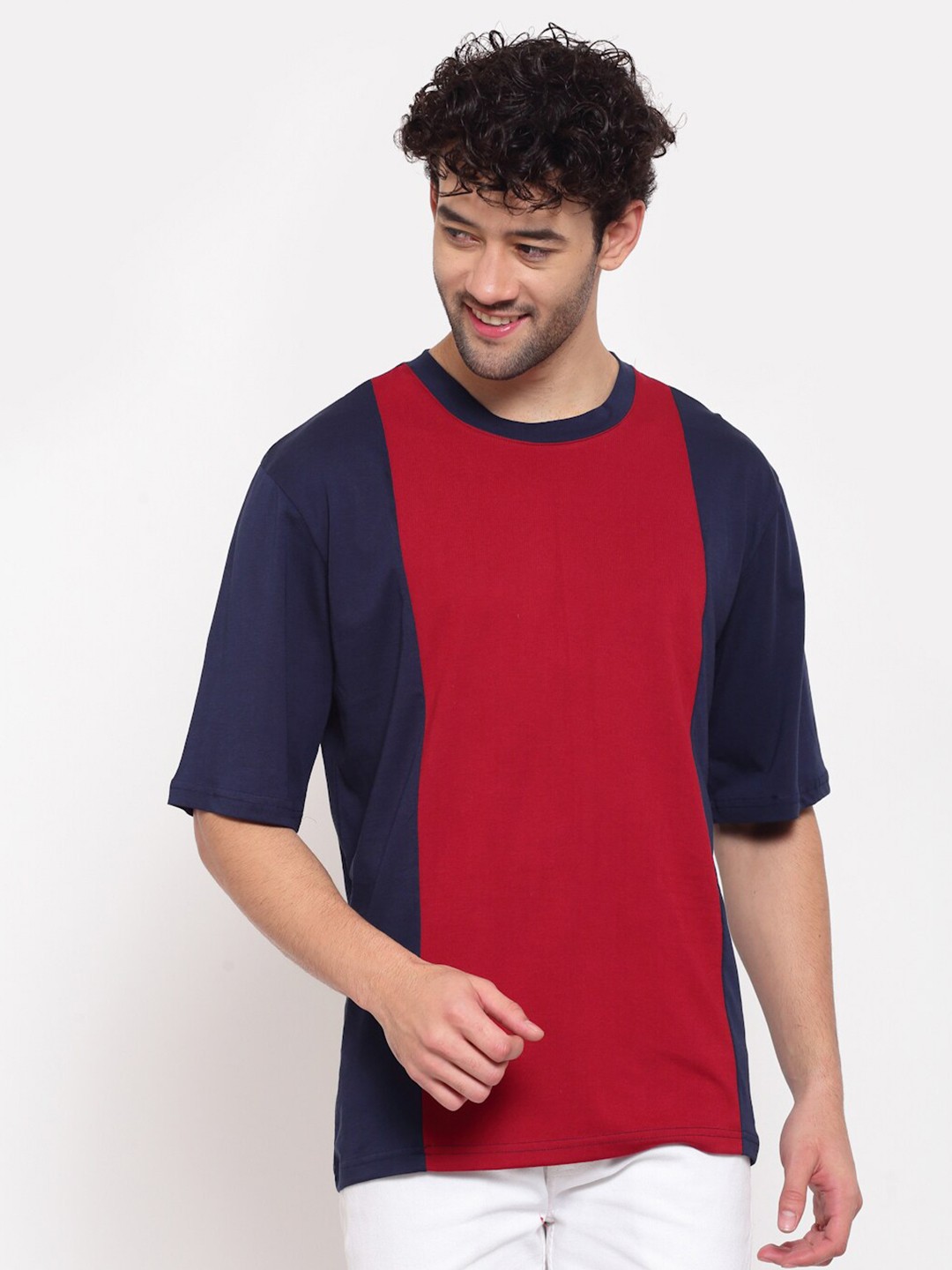 

PAUSE SPORT Men Navy Blue & Red Colourblocked Cotton T-shirt