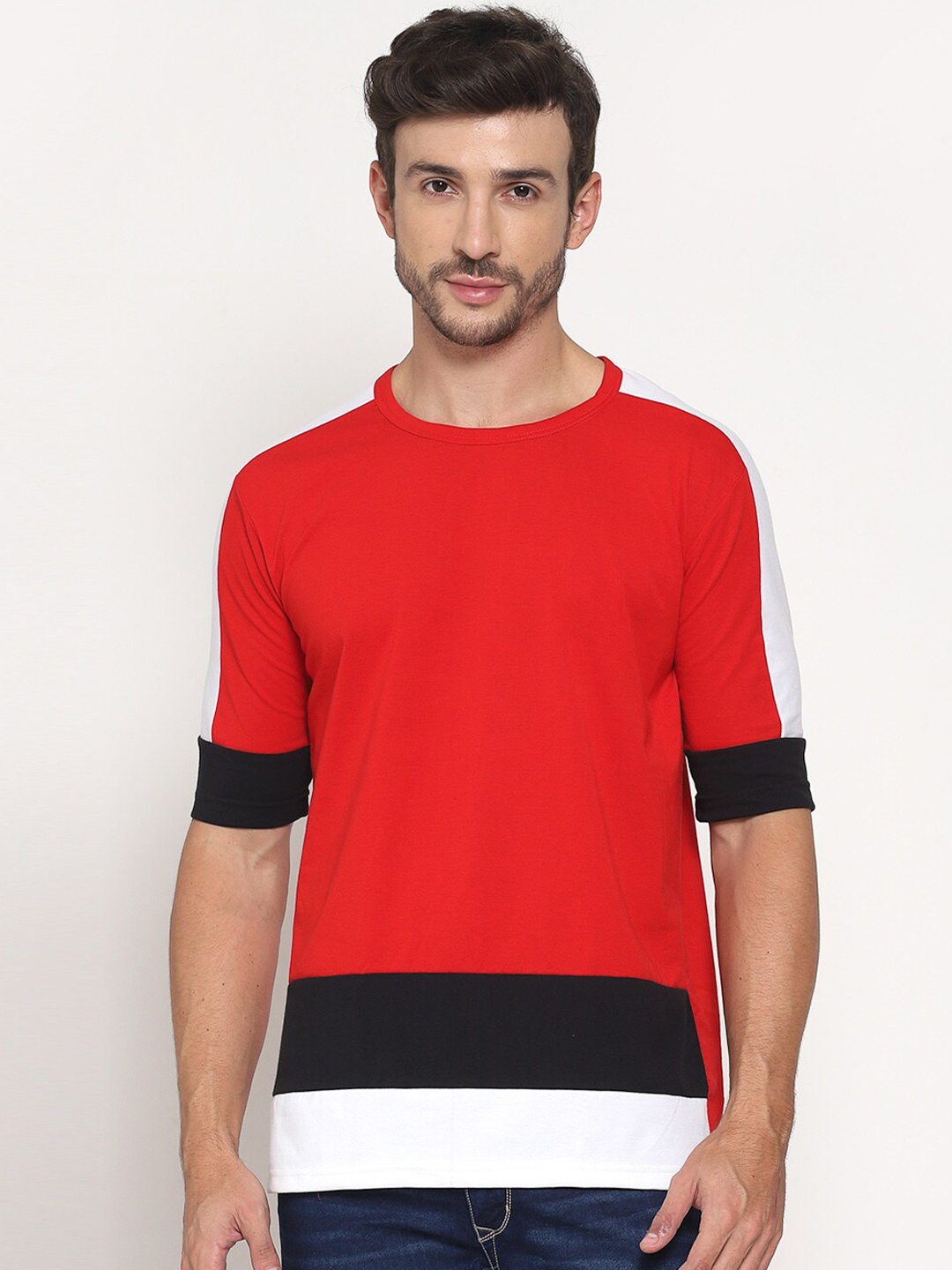 

PAUSE SPORT Men Red & Black Colourblocked Cotton T-shirt