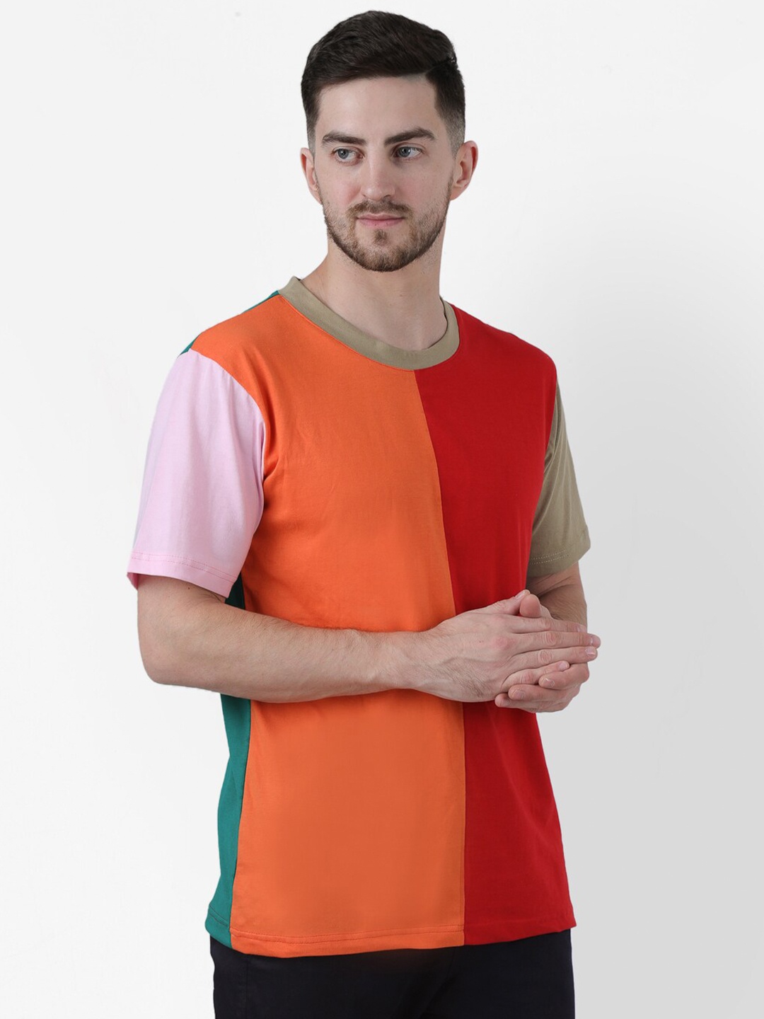 

PAUSE SPORT Men Orange & Red Colourblocked Cotton T-shirt