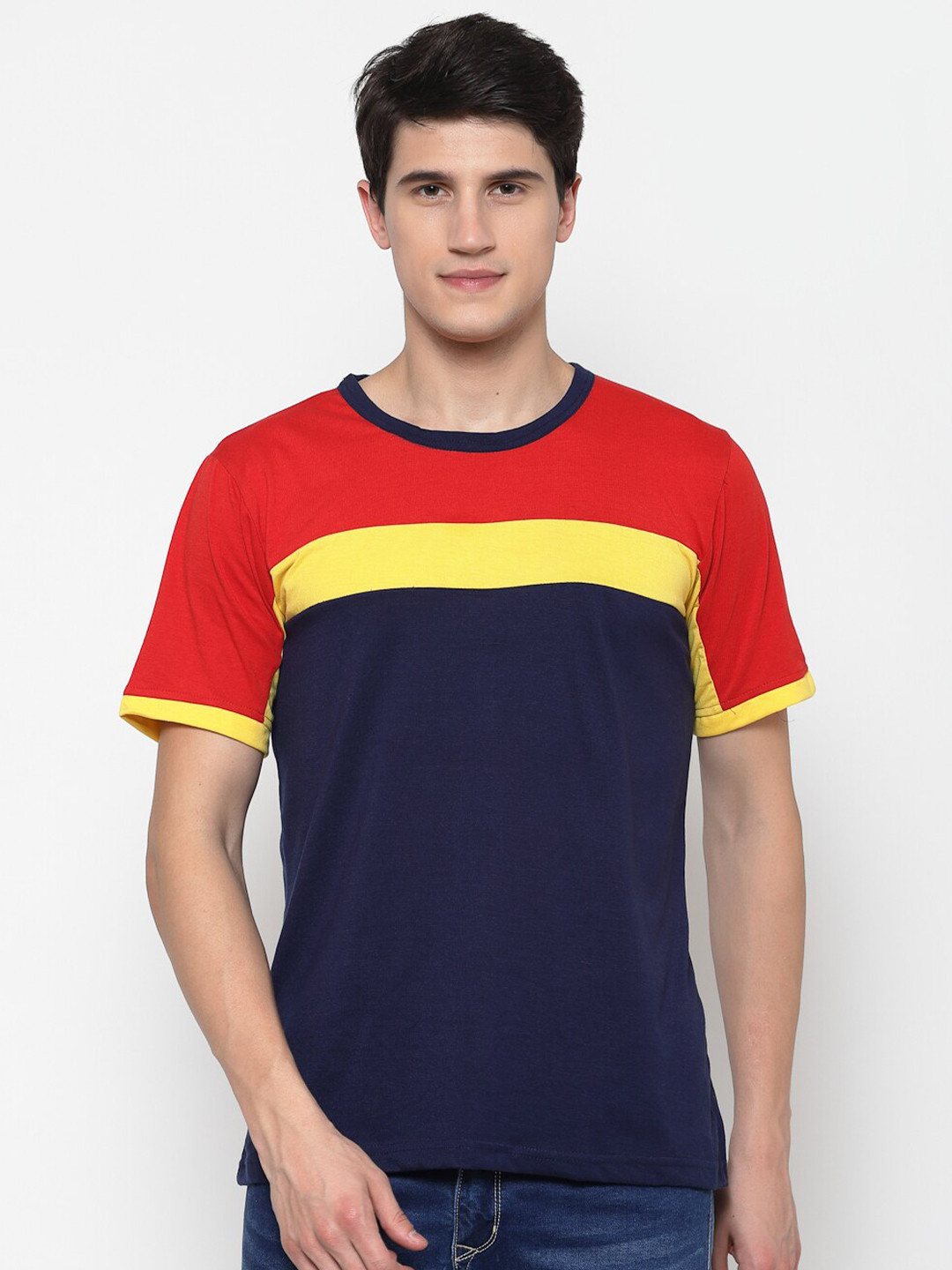 

PAUSE SPORT Men Red & Yellow Colourblocked Cotton T-shirt