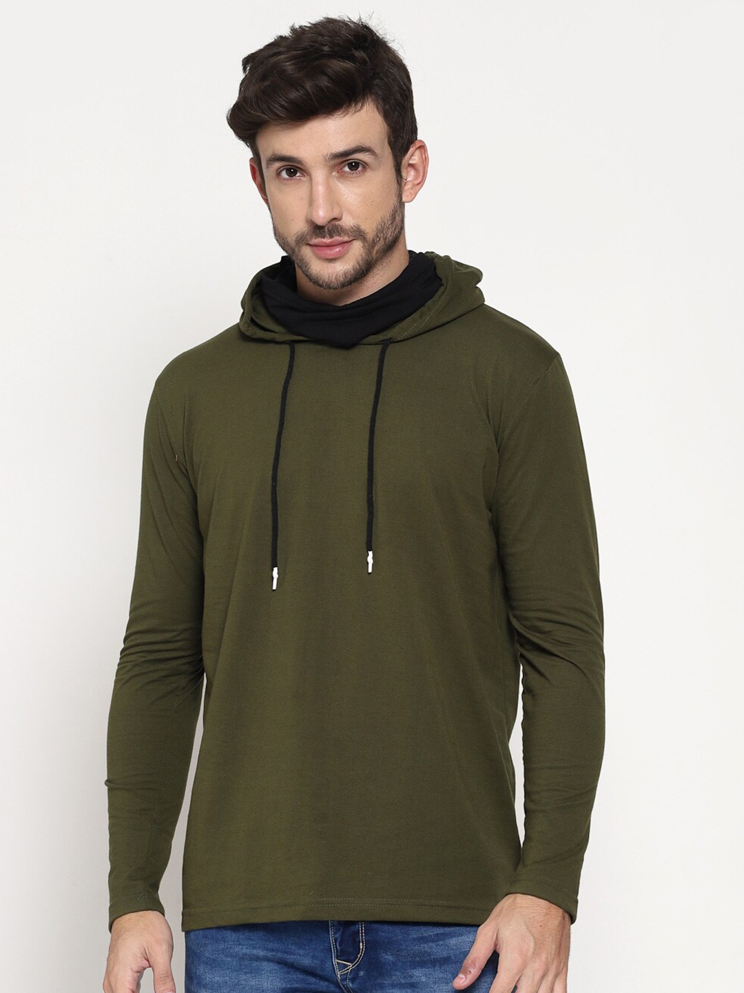 

PAUSE SPORT Men Olive Green Hooded Cotton T-shirt