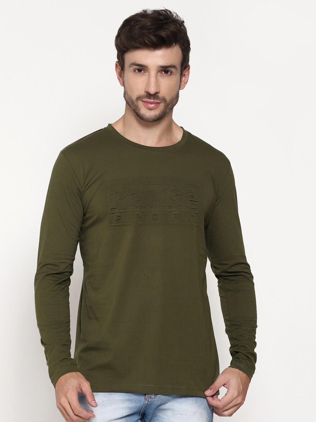 

PAUSE SPORT Men Olive Green Cotton T-shirt