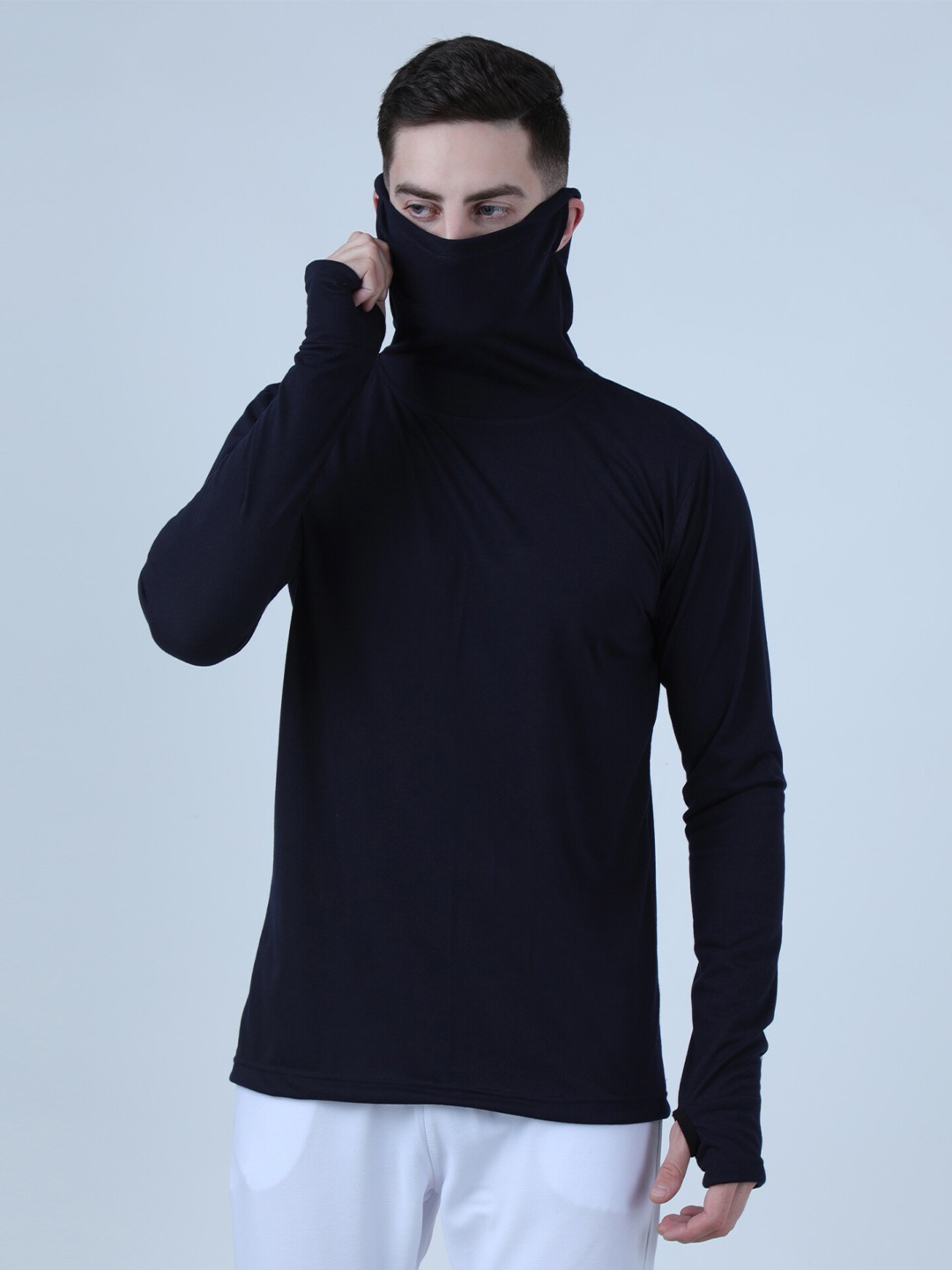 

PAUSE SPORT Men Navy Blue Turtle Neck Cotton T-shirt