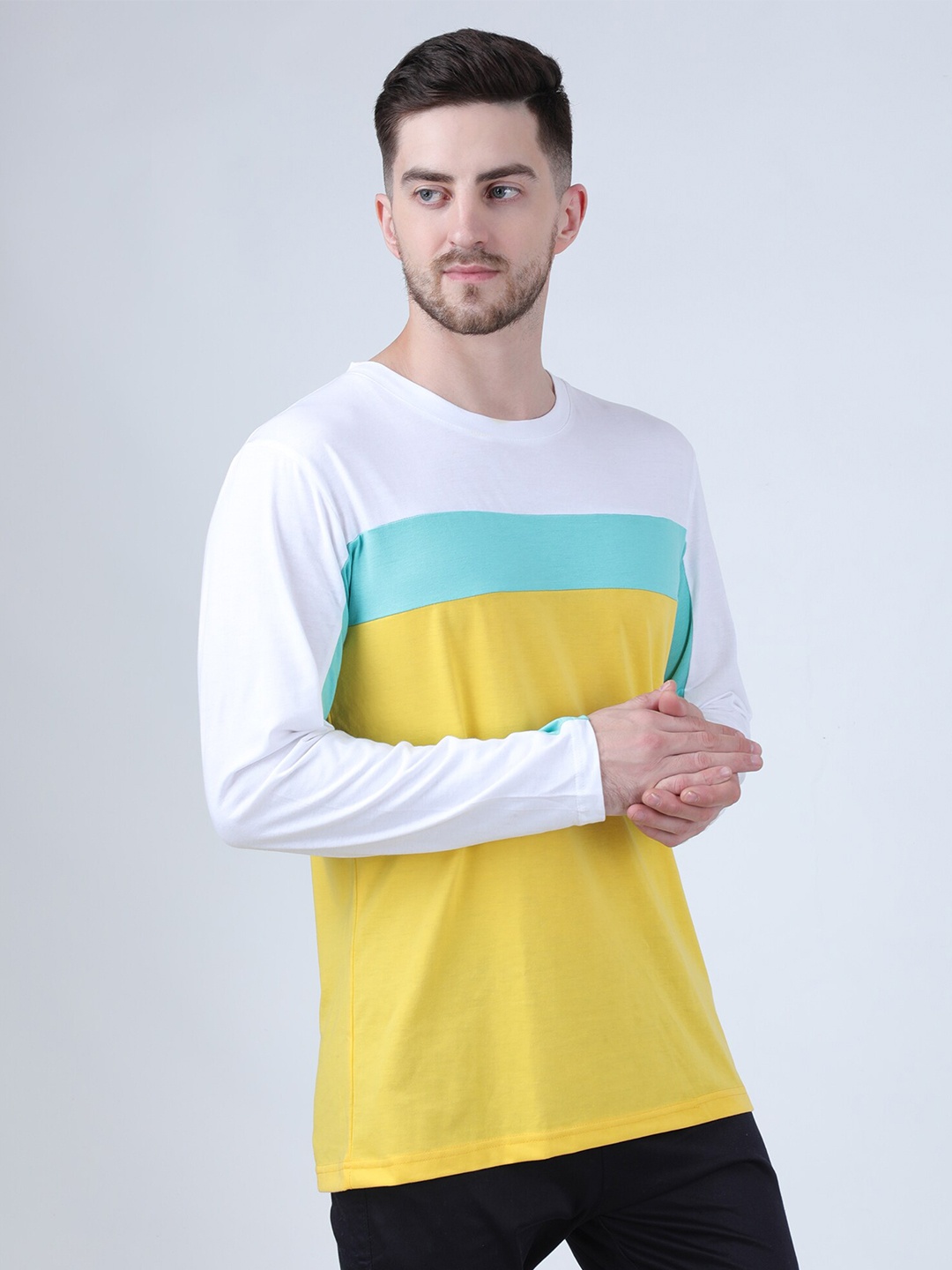 

PAUSE SPORT Men Yellow & Turquoise Blue Colourblocked Cotton T-shirt