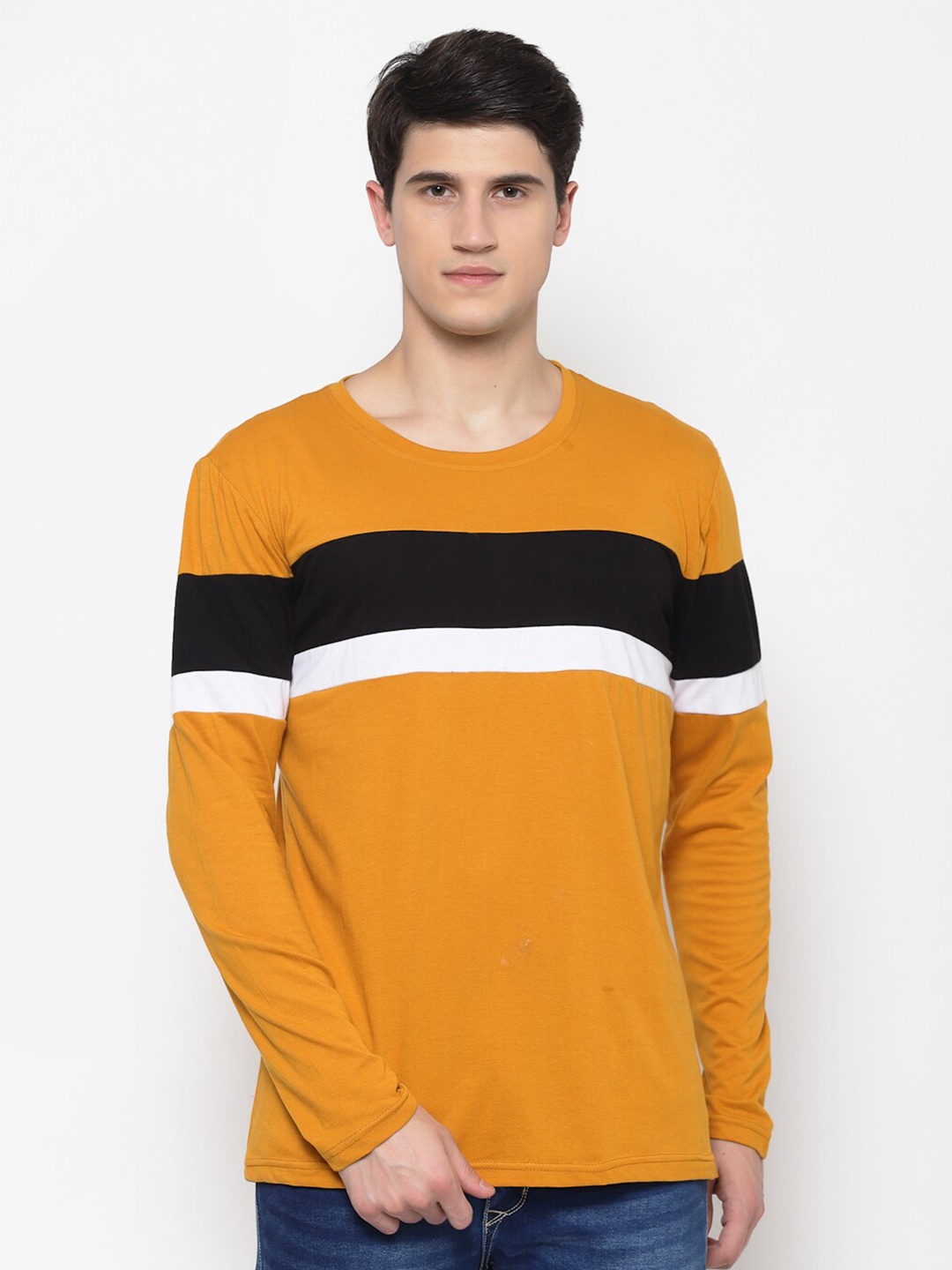 

PAUSE SPORT Men Mustard Yellow Striped T-shirt