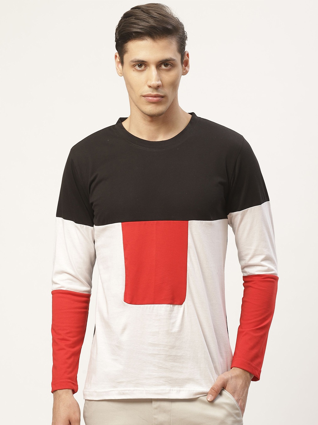 

PAUSE SPORT Men Black & Red Colourblocked Cotton T-shirt