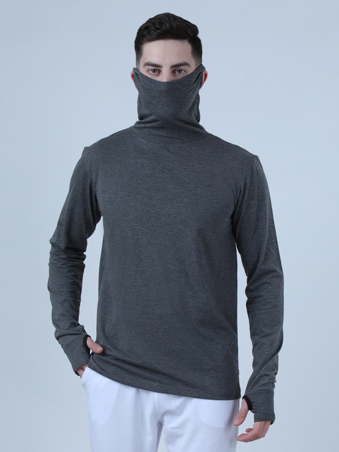 

PAUSE SPORT Men Grey Turtle Neck T-shirt