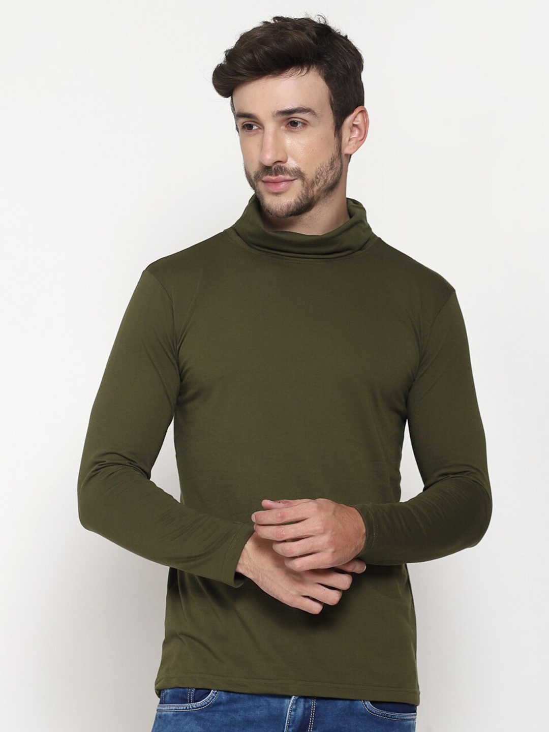 

PAUSE SPORT Men Olive Green High Neck T-shirt