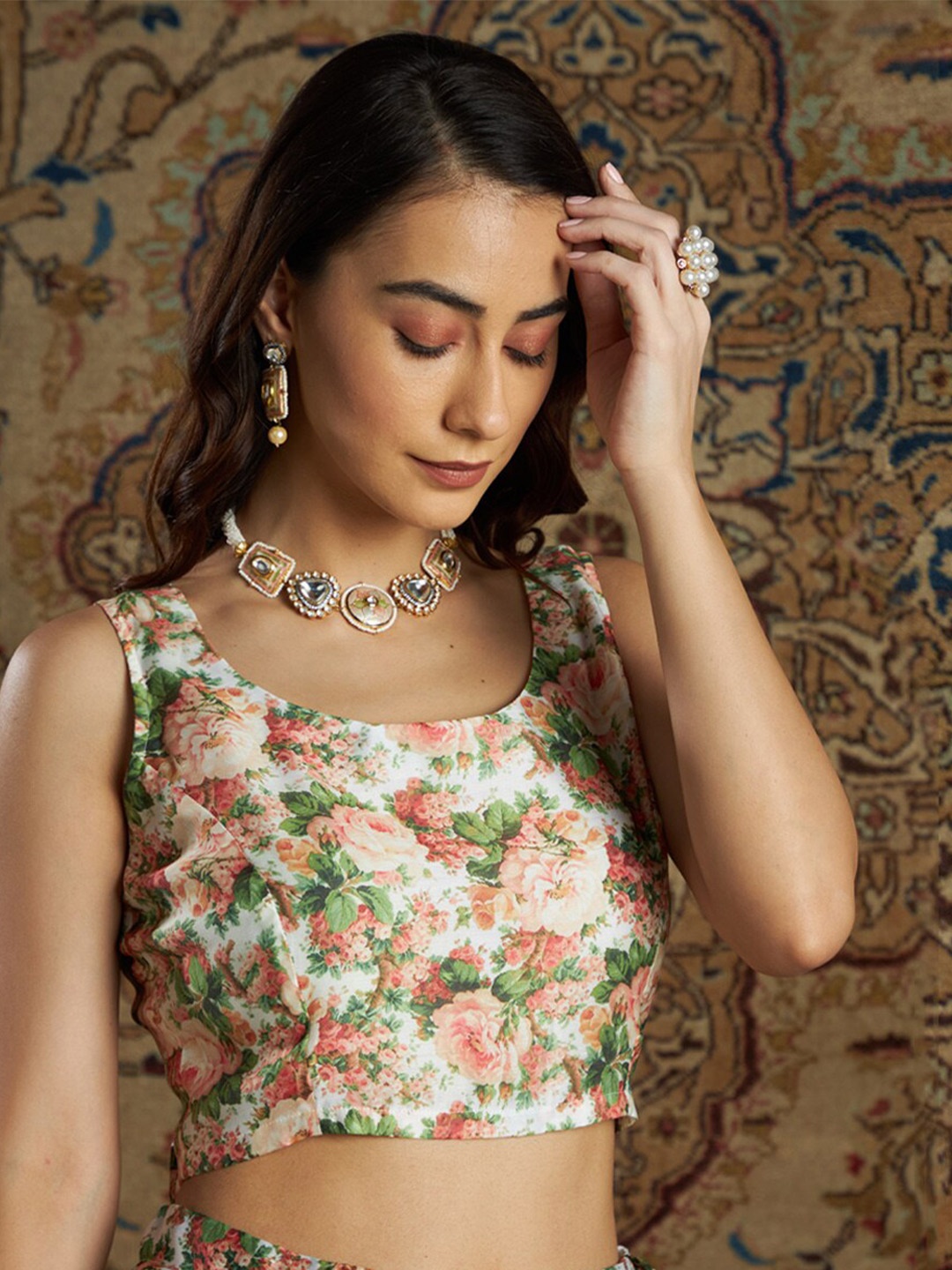 

Shae by SASSAFRAS White & Green Floral Print Styled Back Crop Top