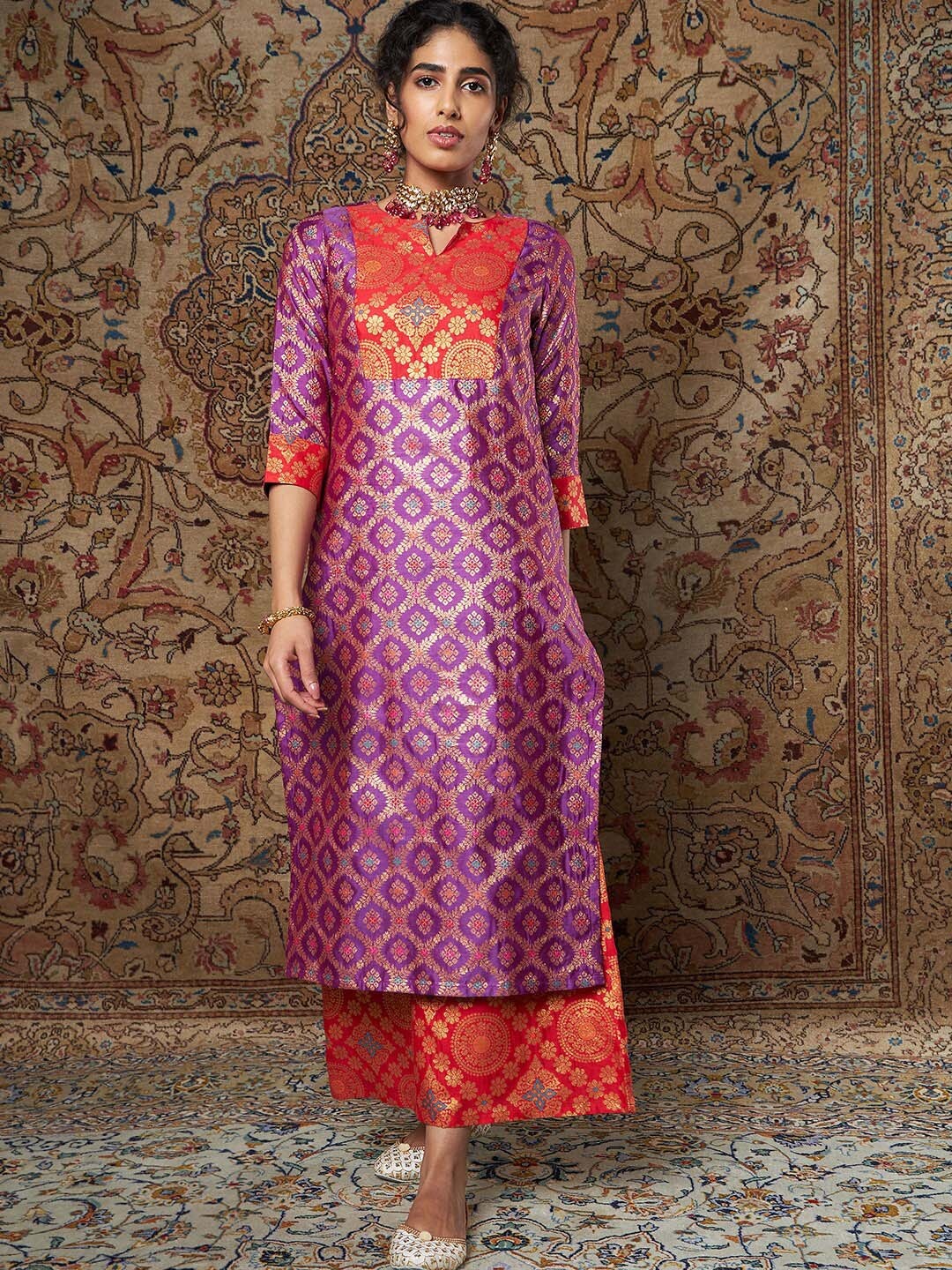 

Shae by SASSAFRAS Ethnic Motifs Printed Jacquard Kurta, Purple