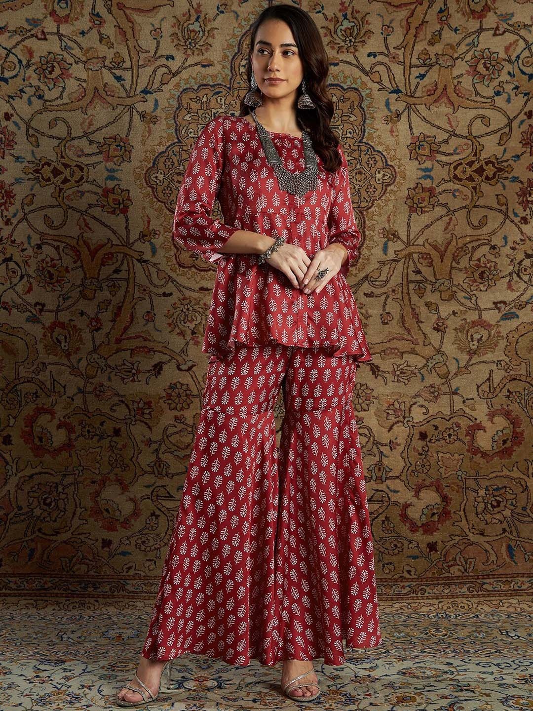 

Shae by SASSAFRAS Women Red Printed Peplum Top & Palazzos Co-Ords, Maroon