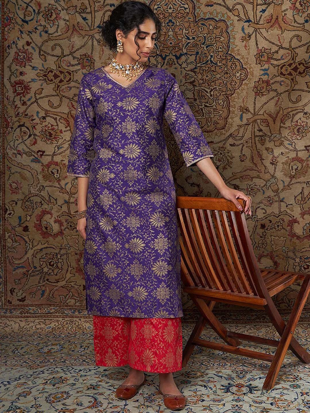 

Shae by SASSAFRAS Floral Printed Zari Jacquard Straight Kurta, Purple