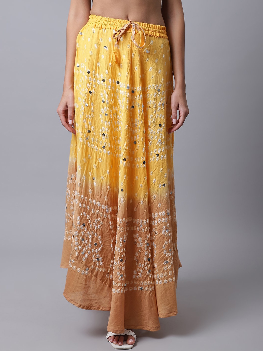 

SOUNDARYA Women Yellow & Beige Bandhani Dyed Flared Cotton Skirt