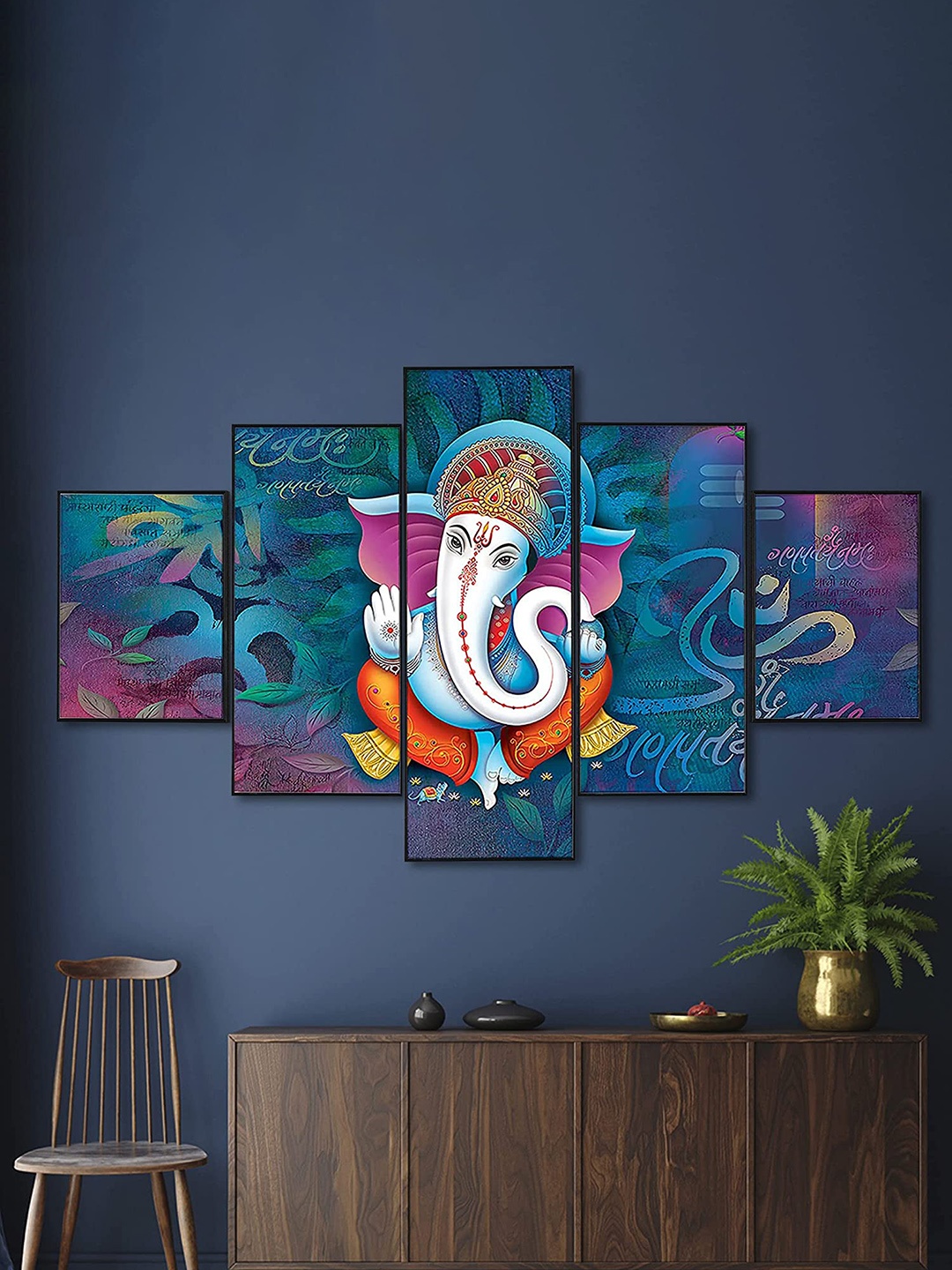 

Perpetual Set Of 5 Ganesha 3d Scenery Painting Wall Art, Multi