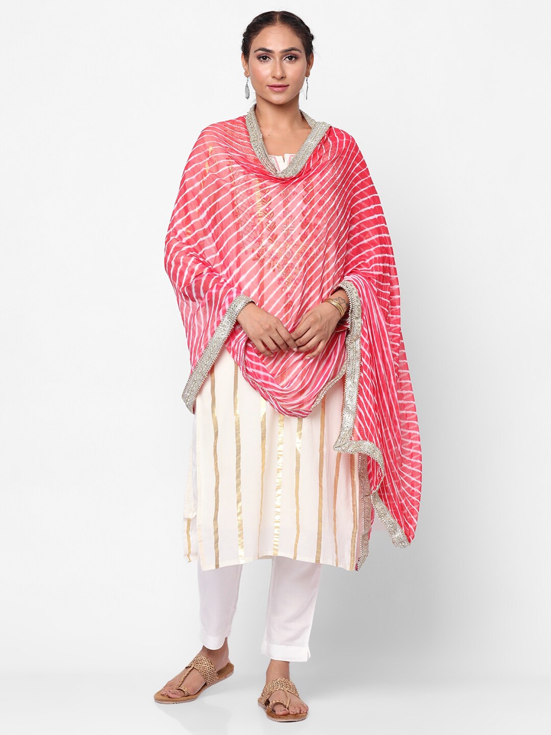 

Kastiel Women Red & White Striped Leheriya Dupatta