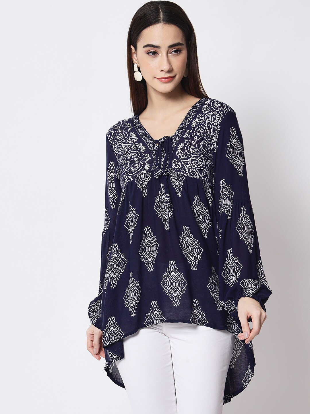 

VELDRESS Blue Print Tie-Up Neck High-Low Top