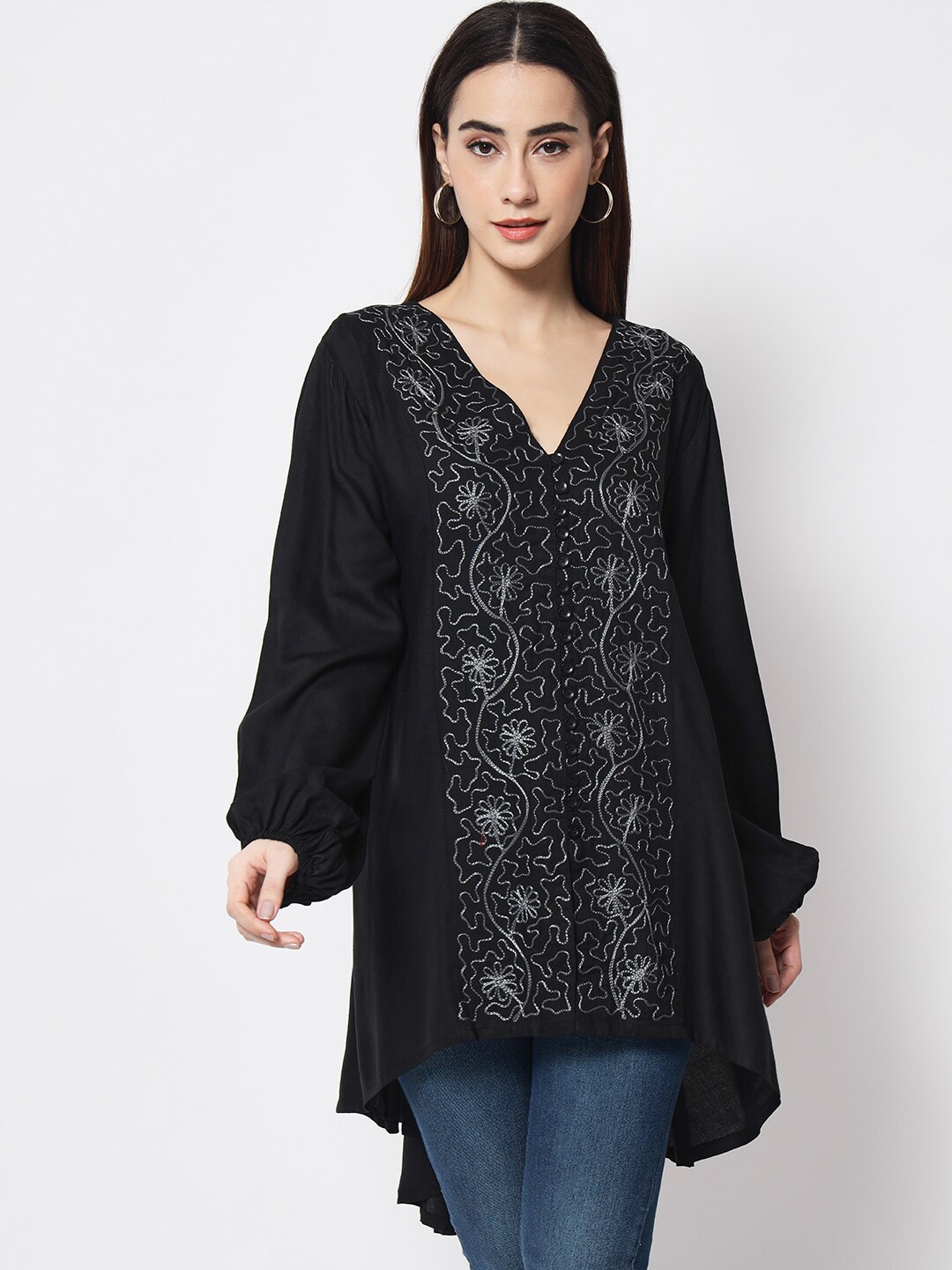 

VELDRESS Black Print High-Low Longline Top