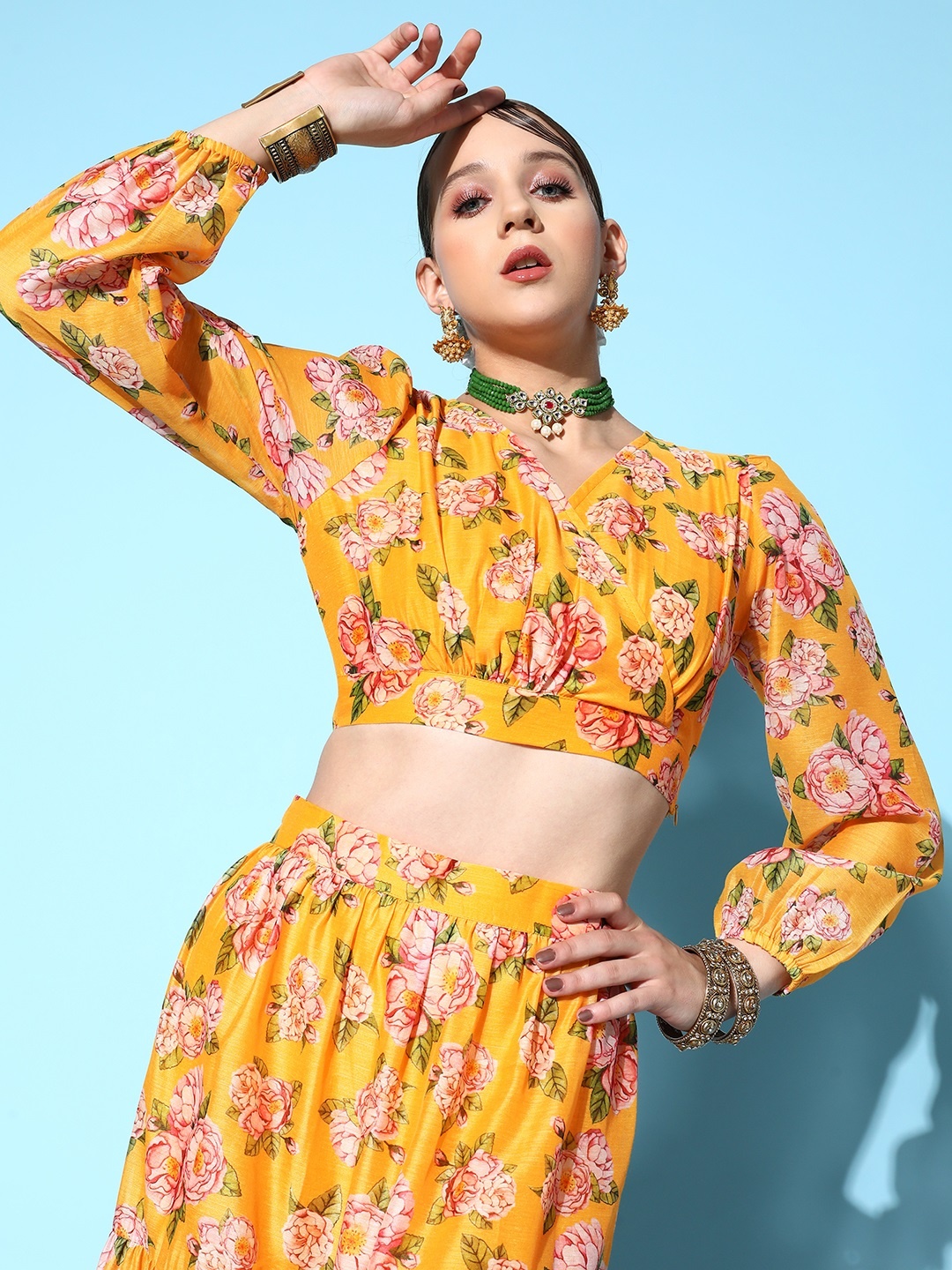 

Shae by SASSAFRAS Women Yellow & Green Floral Print Puff Sleeves Wrap Ethnic Crop Top