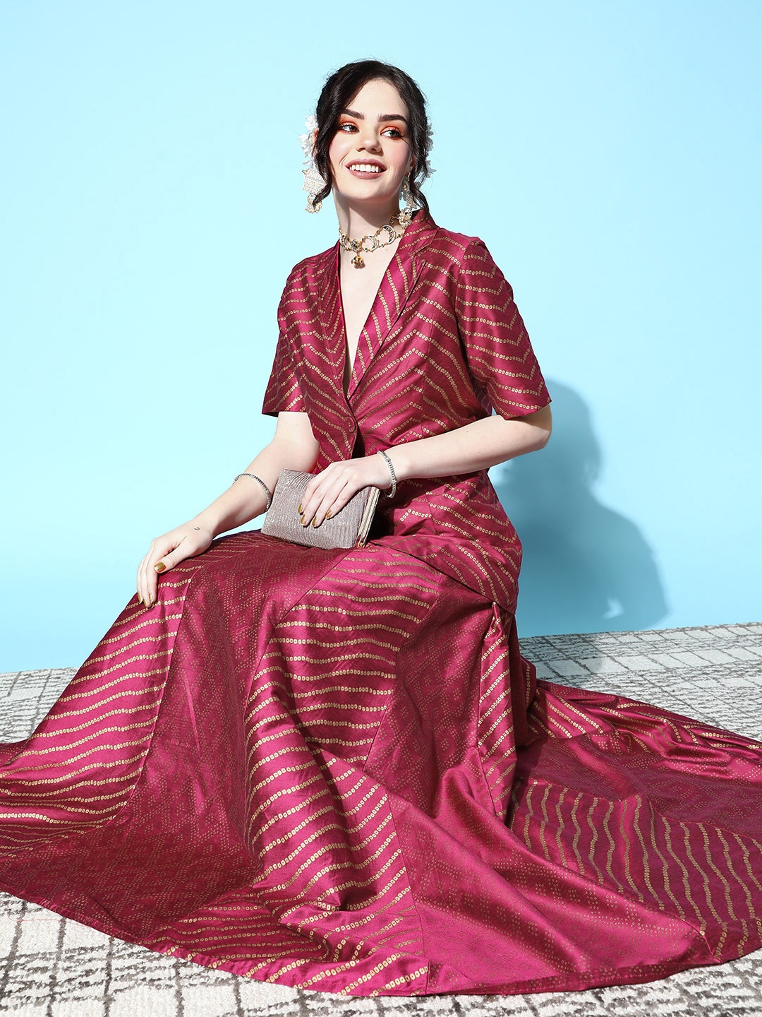 

Shae by SASSAFRAS Women Burgundy Printed Foil Blazer With Anarkali Skirt