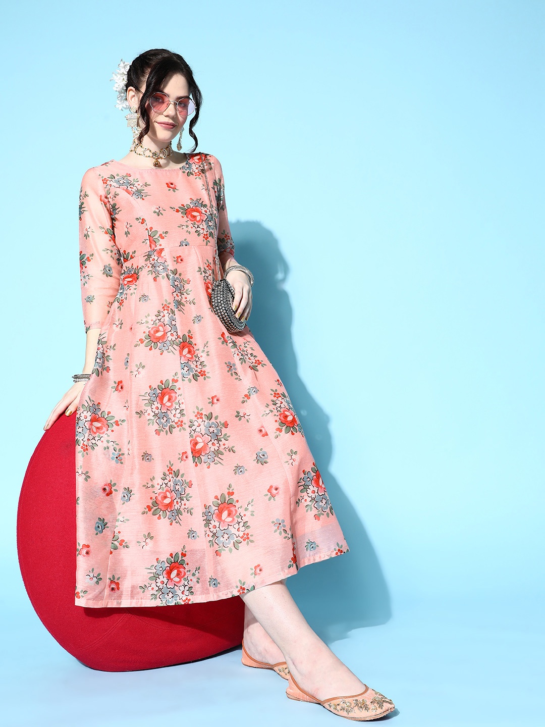 

Shae by SASSAFRAS Peach Floral Print Midi Maxi Anarkali Ethnic Dress
