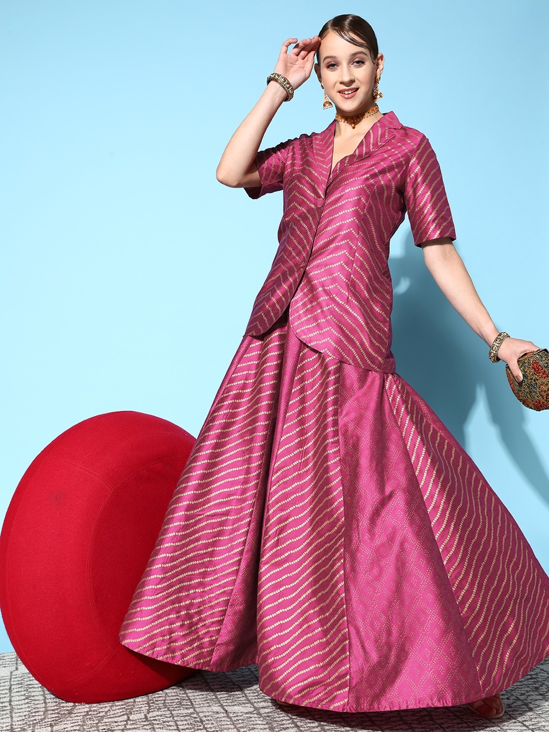 

Shae by SASSAFRAS Burgundy Ethnic Print Foil Maxi Anarkali Skirt