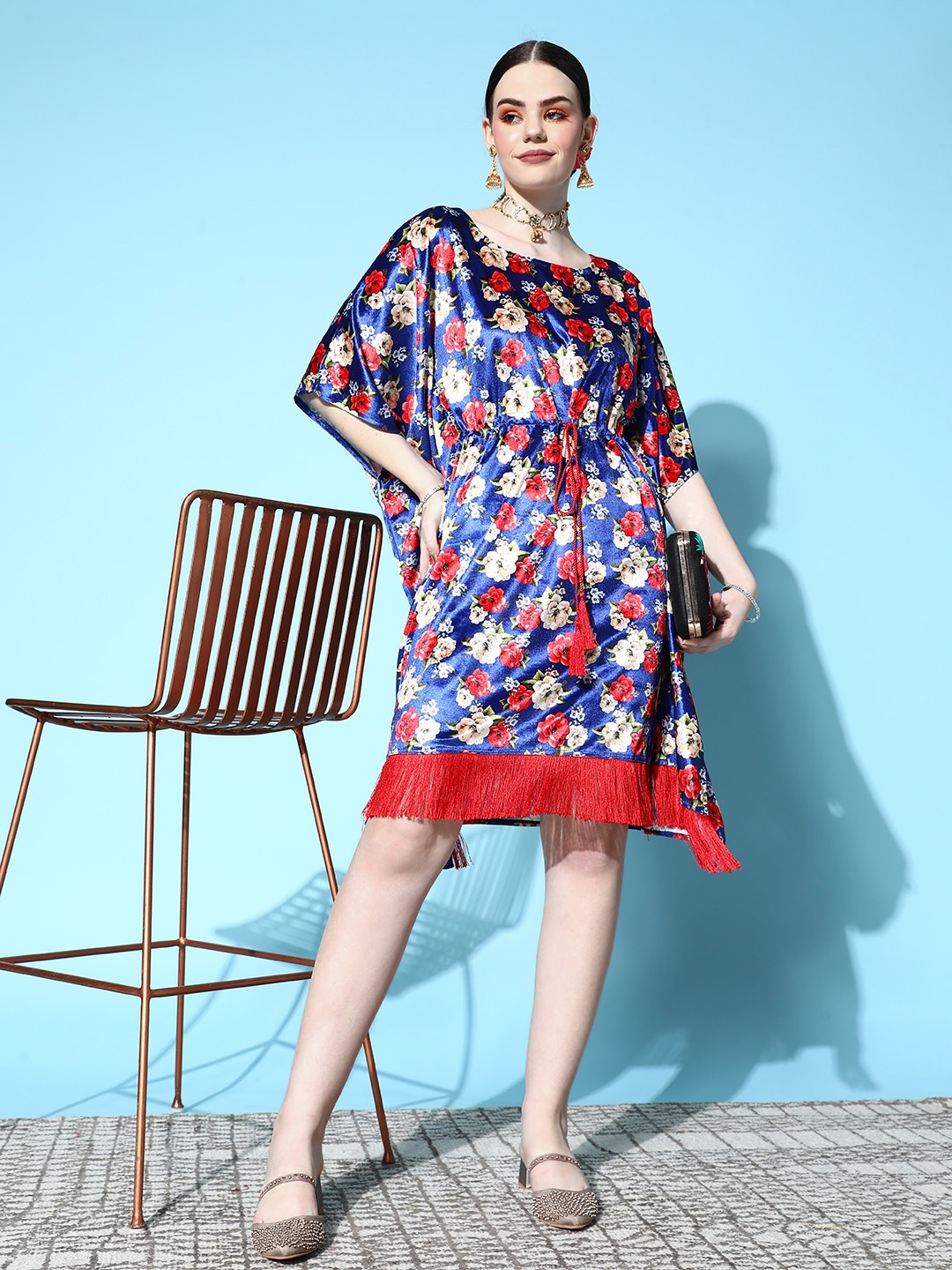 

Shae by SASSAFRAS Blue & Red Floral Print Velvet Ethnic Kaftan Dress