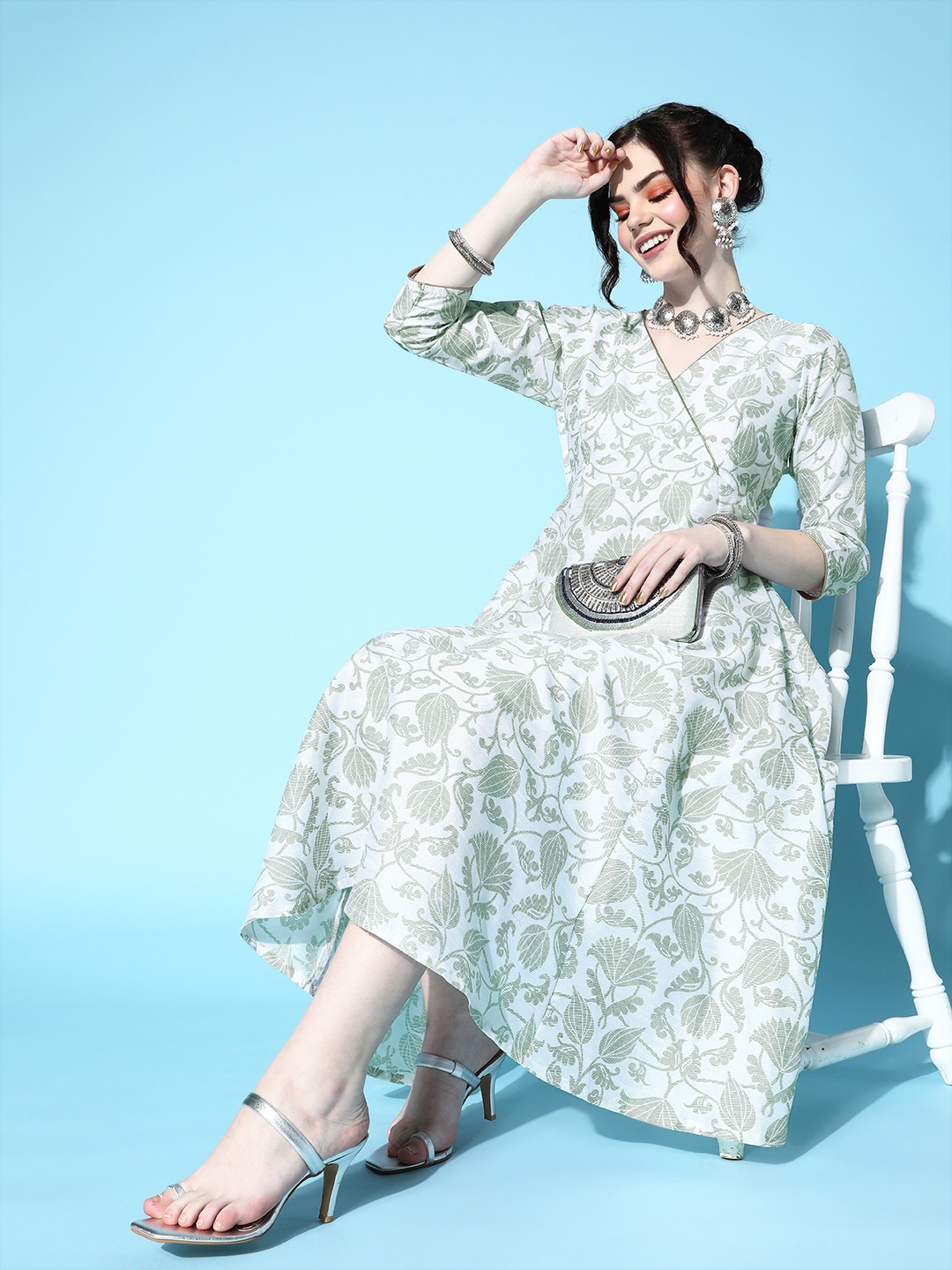 

Shae by SASSAFRAS Brocade Floral Print Anarkali Ethnic Dress, White