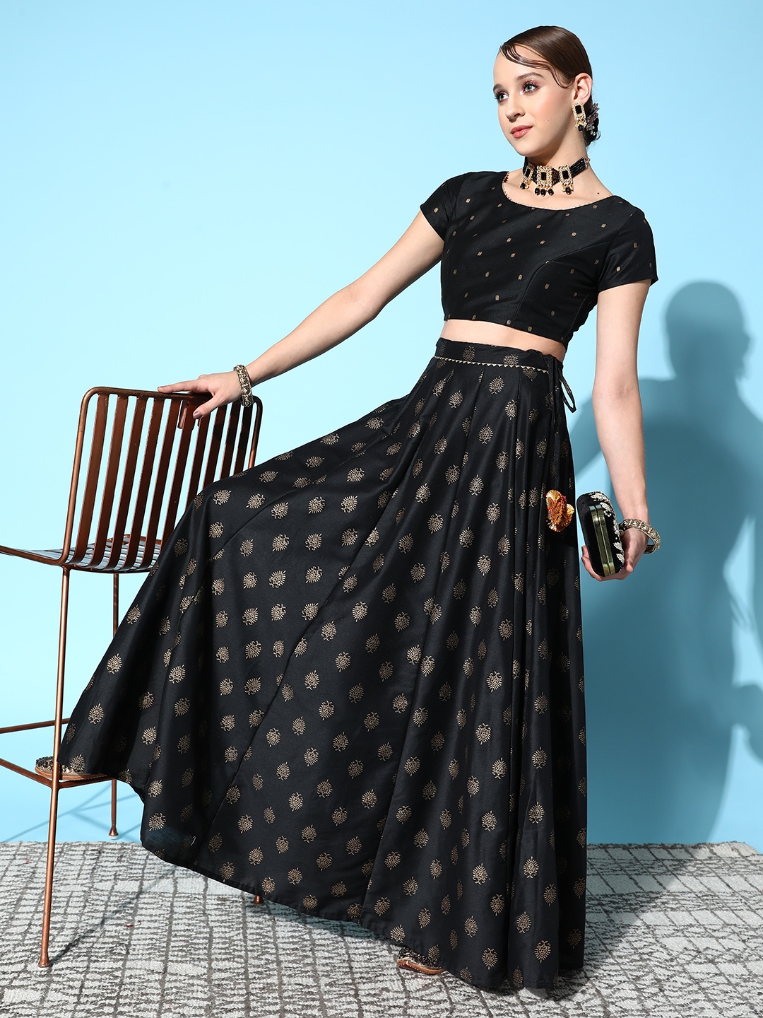 

Shae by SASSAFRAS Women Black & Gold-Toned Printed Foil Print Ready to Wear Lehenga Choli