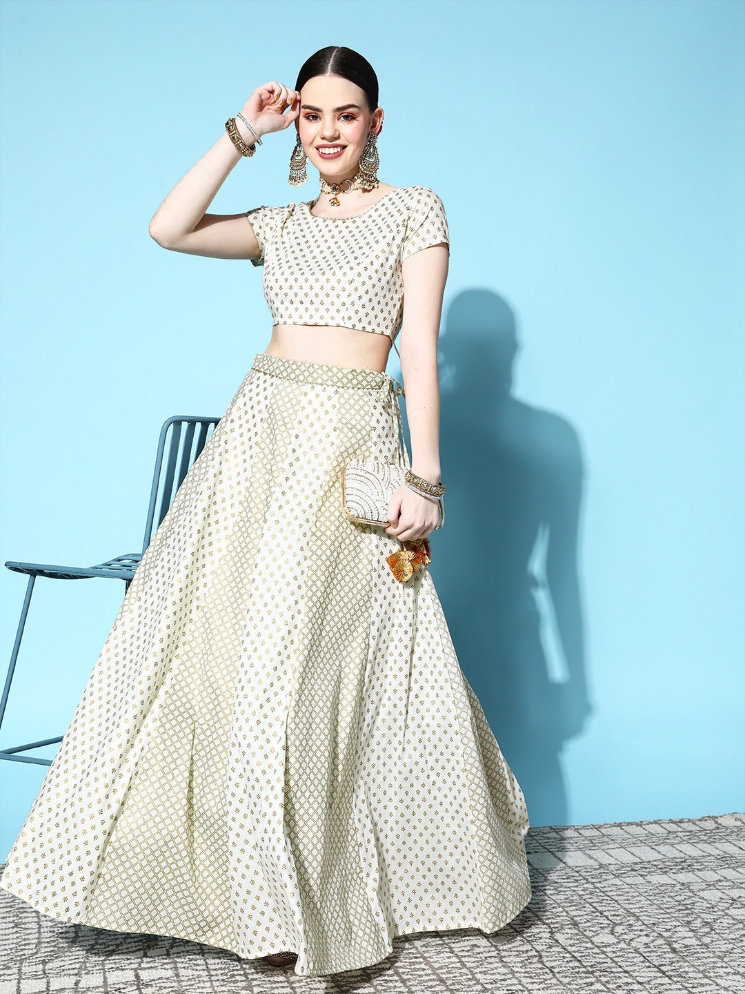 

Shae by SASSAFRAS Women Off White & Gold-Toned Printed Ready to Wear Lehenga Choli
