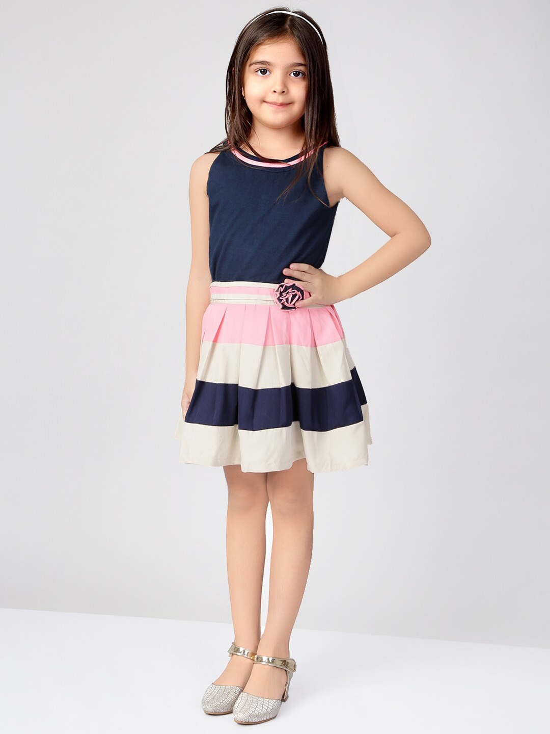 

Naughty Ninos Navy Blue Colourblocked Colourblocked Drop-Waist Dress
