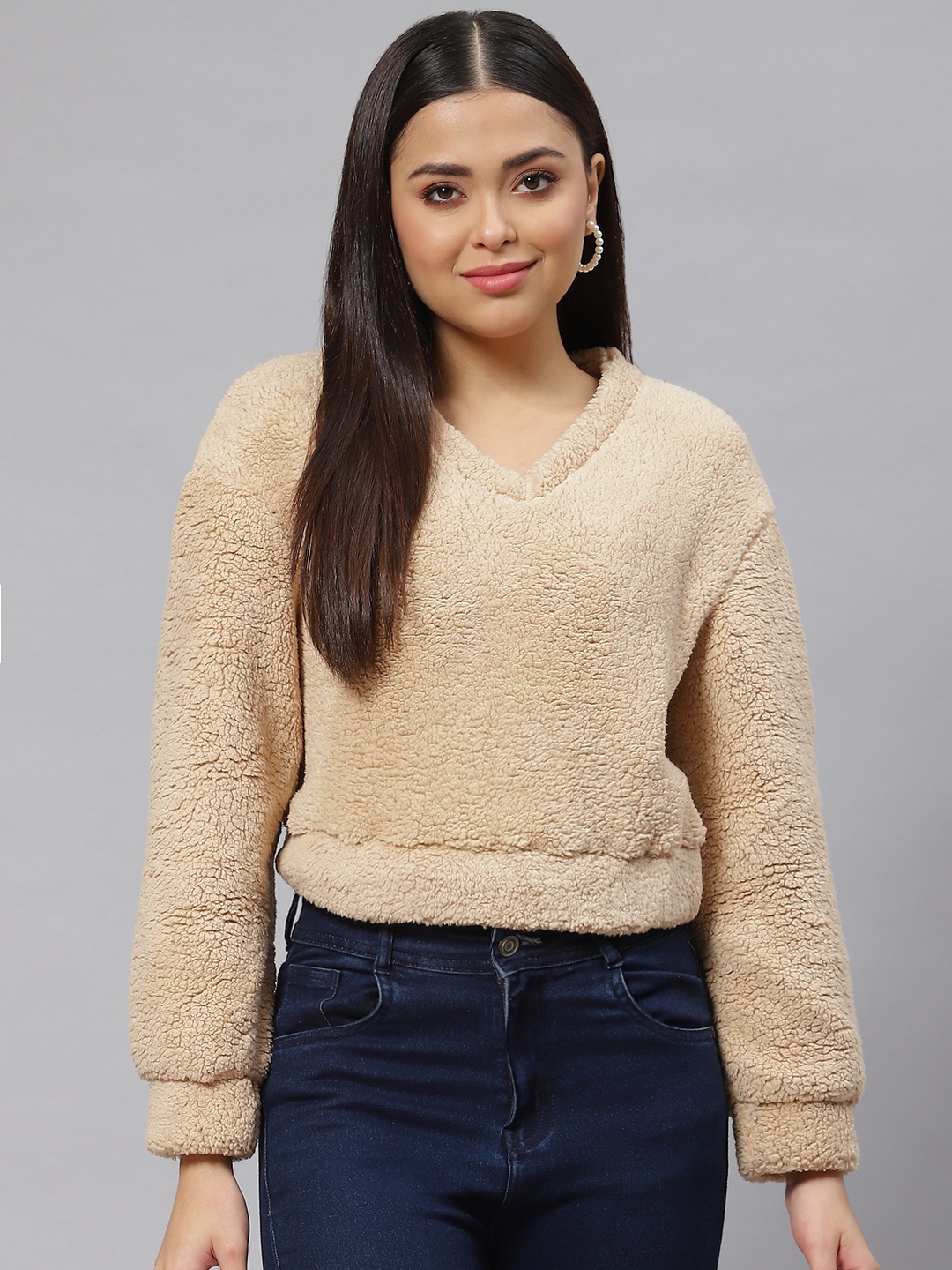 

Popnetic Women Beige Solid Faux Fur Sweatshirt