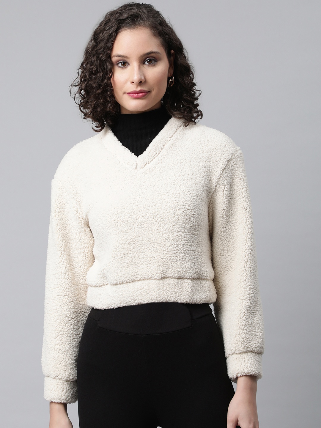 

Popnetic Women Off White Faux Fur Sweatshirt