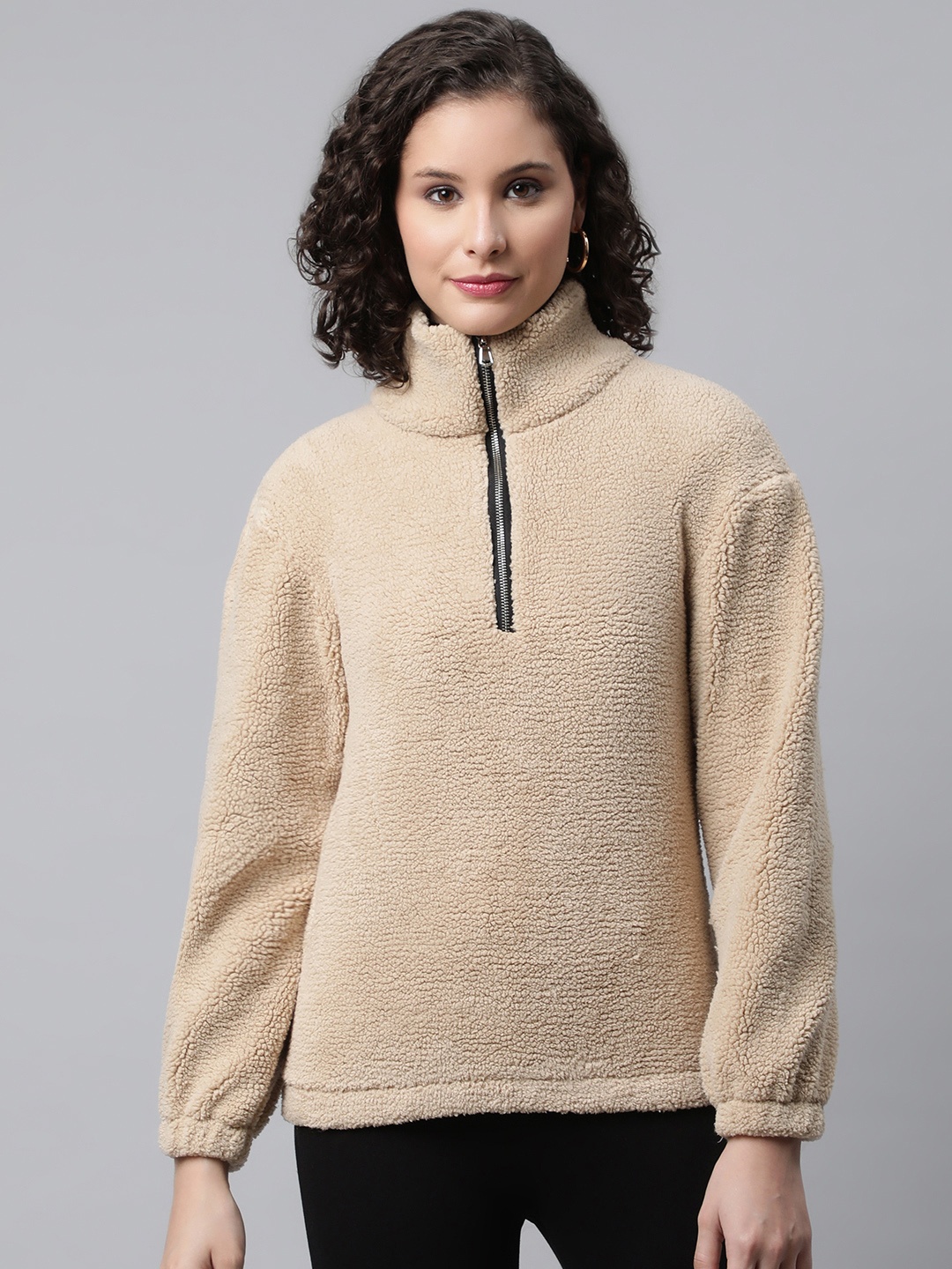 

Popnetic Women Beige Half Zipper Faux Fur Sweatshirt, Maroon