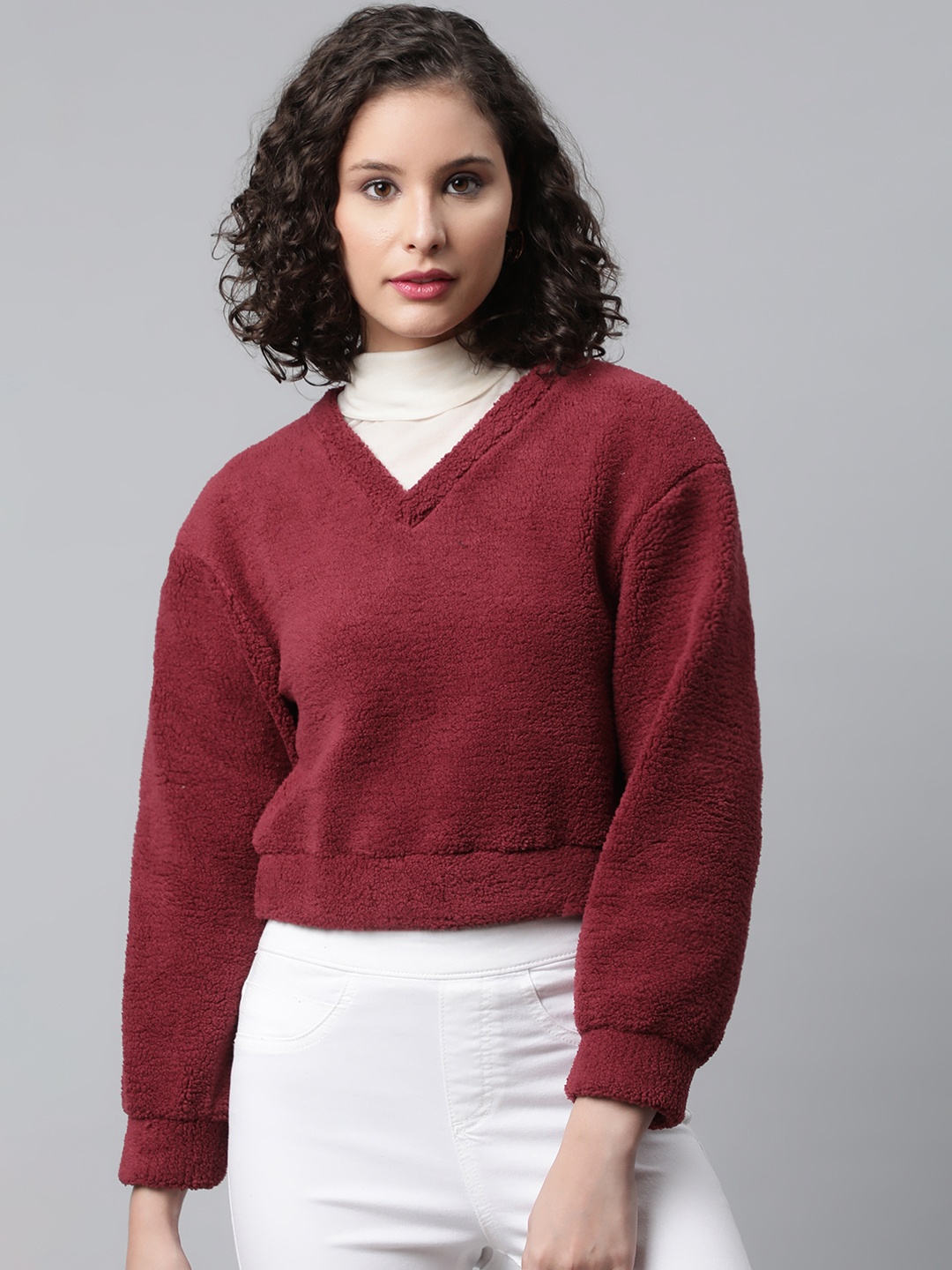 

Popnetic Women Maroon Faux Fur Sweatshirt