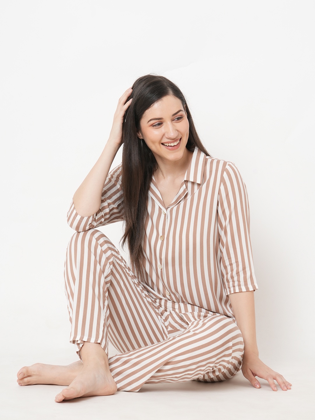 

SDL by Sweet Dreams Women Brown & White Striped Night suit