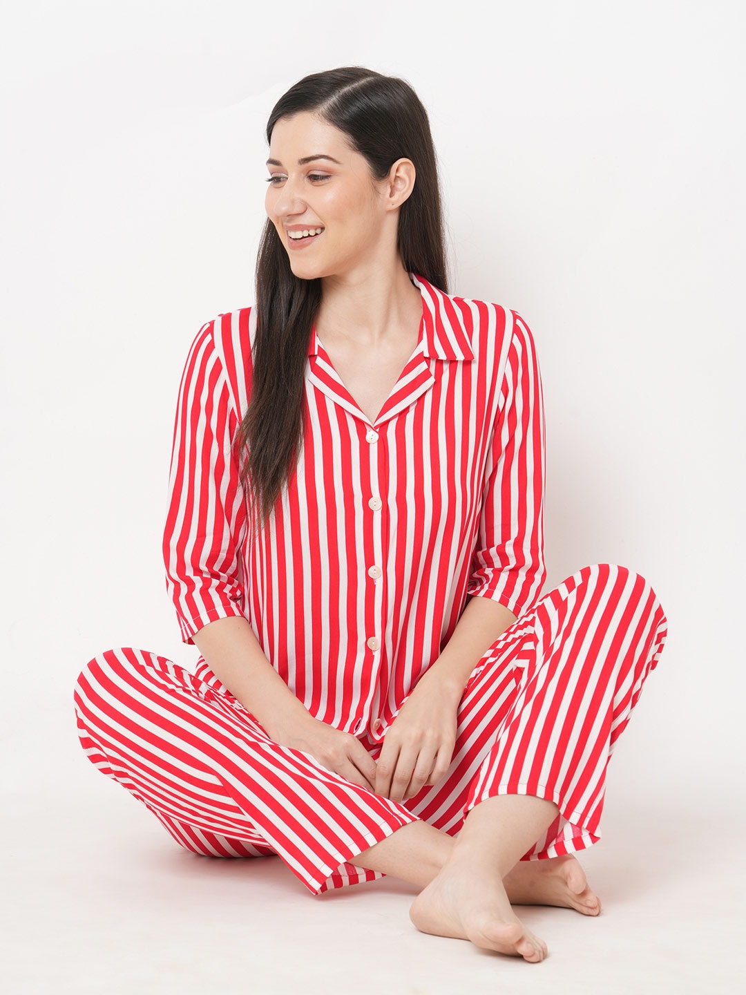 

SDL by Sweet Dreams Women Red & White Striped Night suit