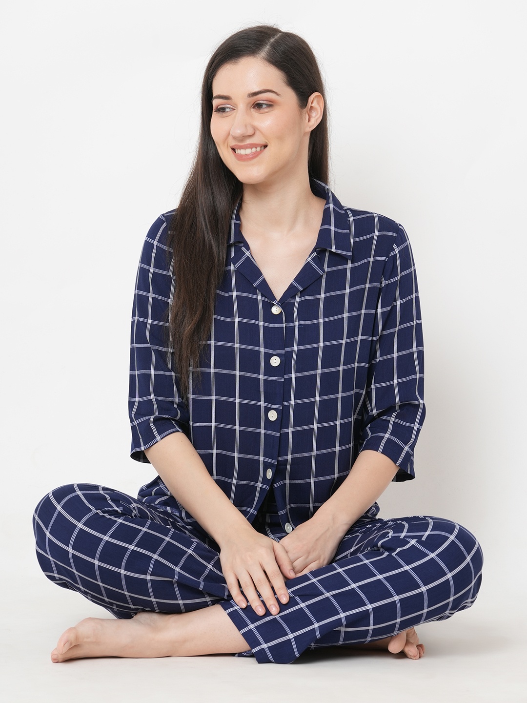 

SDL by Sweet Dreams Women Navy Blue & White Checked Night suit