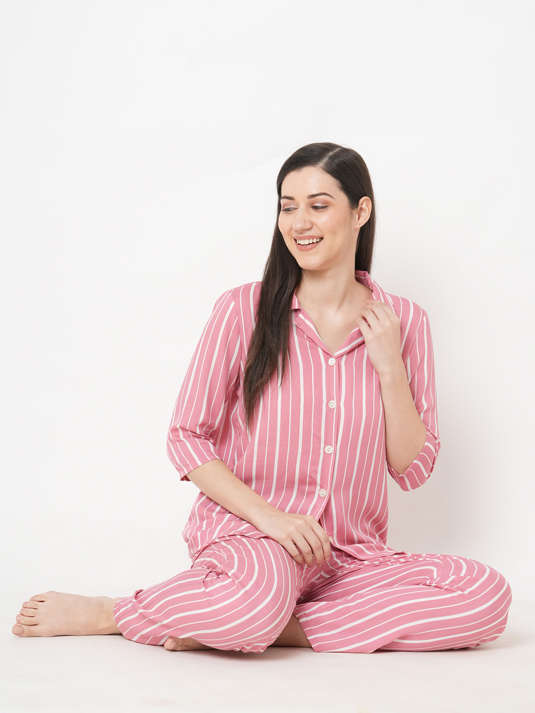

SDL by Sweet Dreams Women Rose & White Striped Night suit