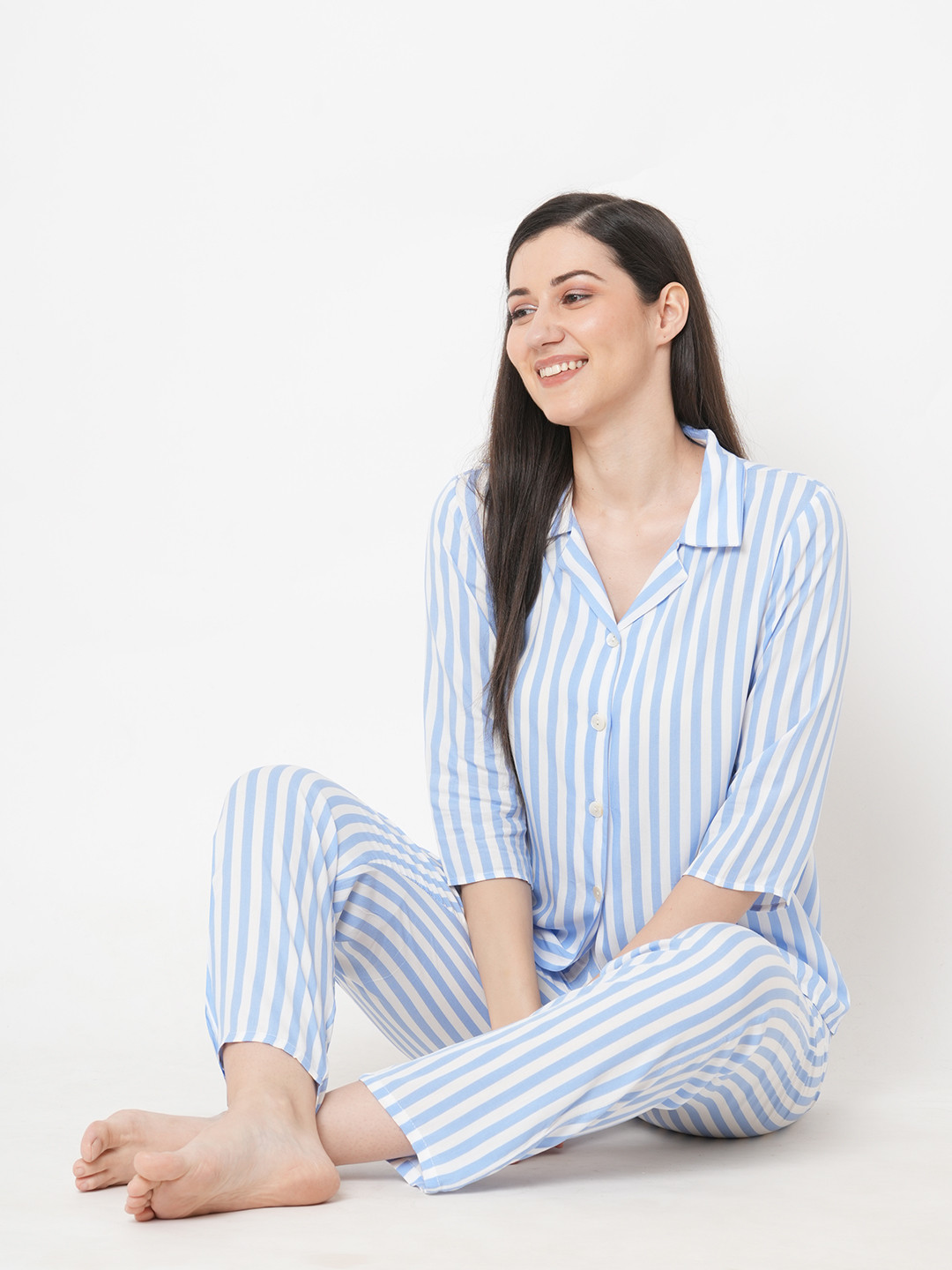 

SDL by Sweet Dreams Women Blue & White Striped Night suit