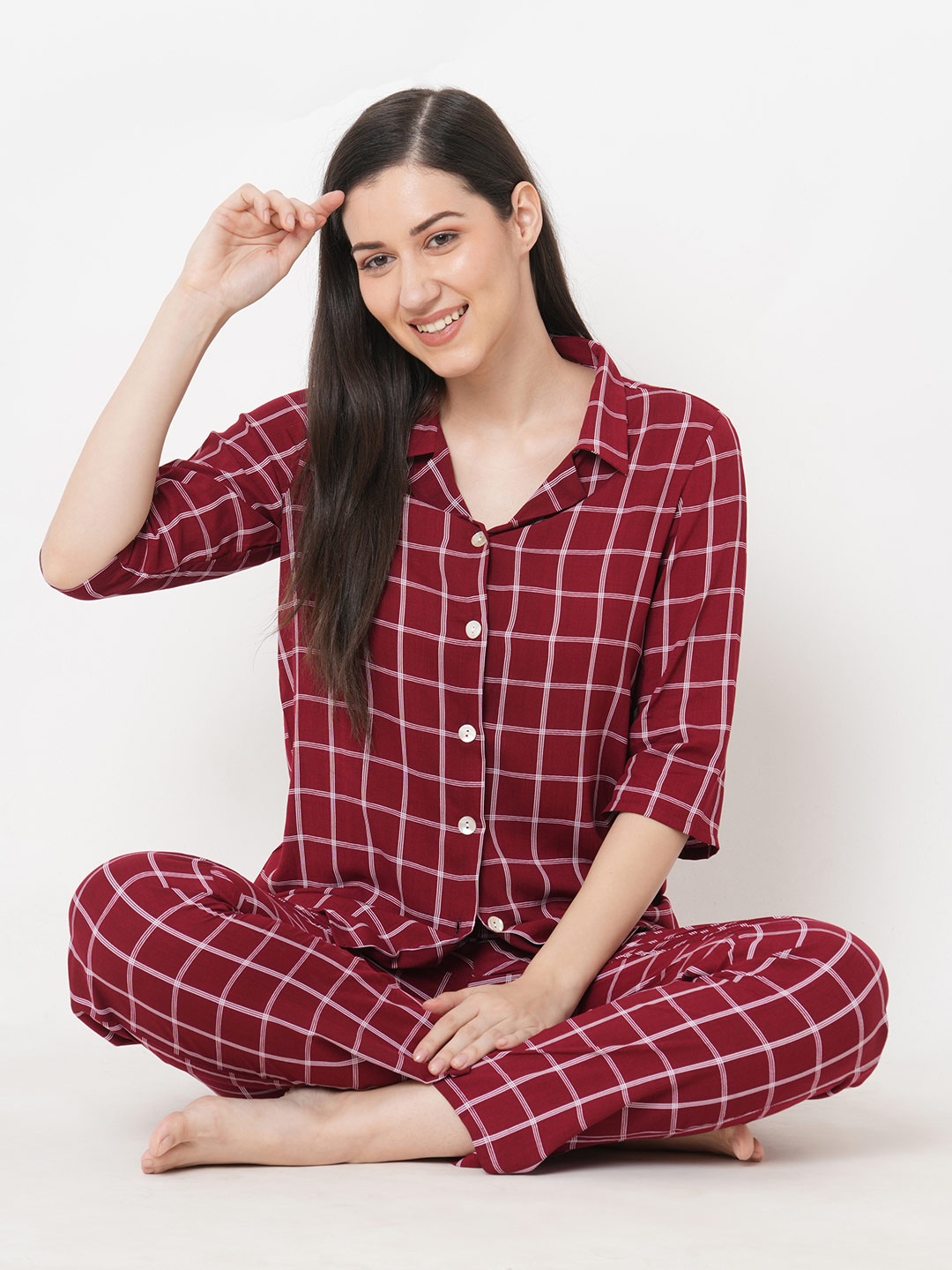 

SDL by Sweet Dreams Women Maroon & White Checked Night suit